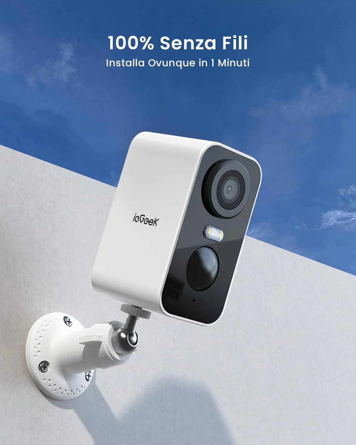 ieGeek 2K Telecamera Wi-Fi Esterno/Interno Senza Fili Batteria, Faro e Allarme Integrato, Visione Notturna a Colori, Rilevamento Movimento PIR, 2 Vie Audio, SD/Cloud Archiviazione, 2,4GHz WiFi, IP65