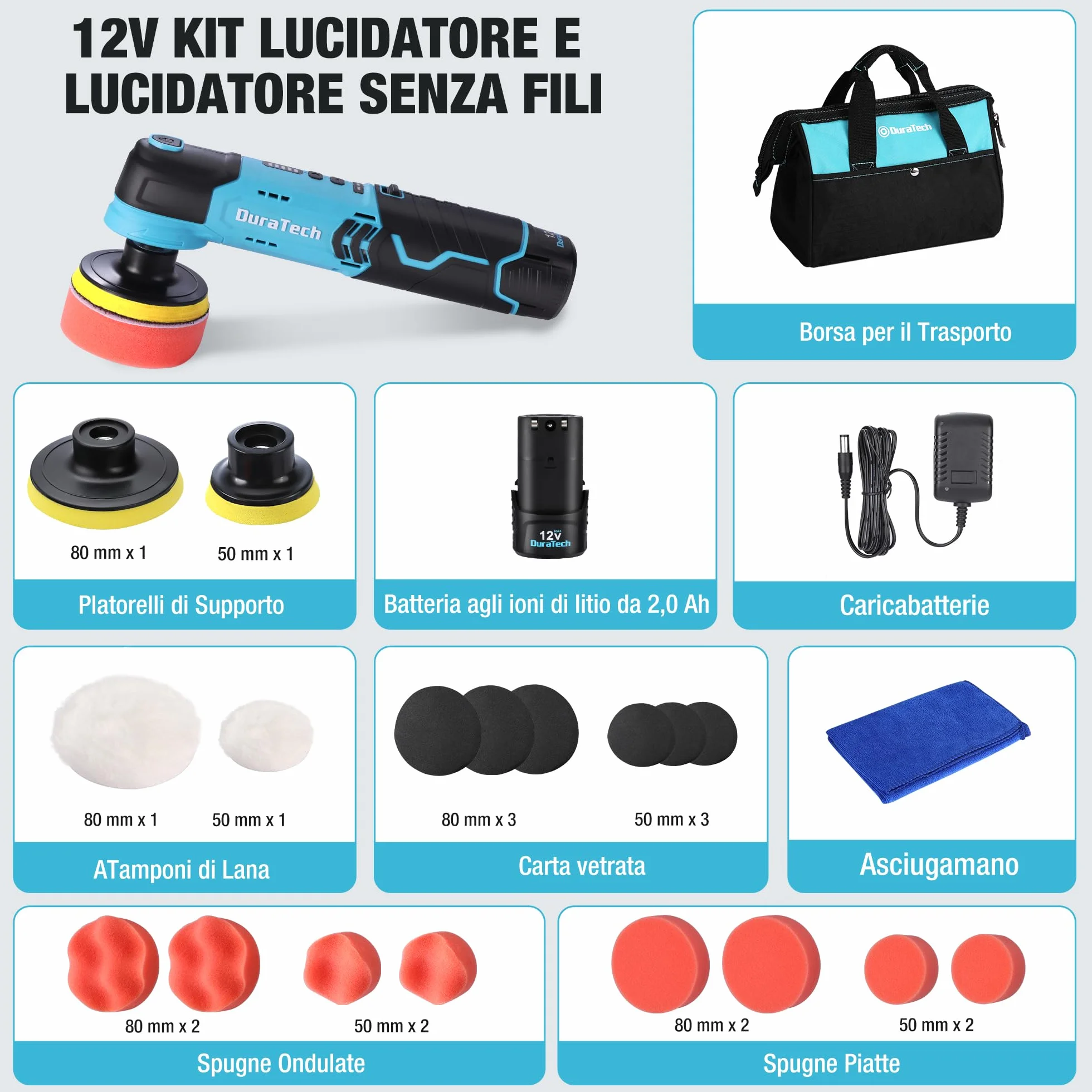 DURATECH Lucidatrice Elettrica 12V 3000 giri/min 5 Velocità Regolabili con Spugne Panni Disco