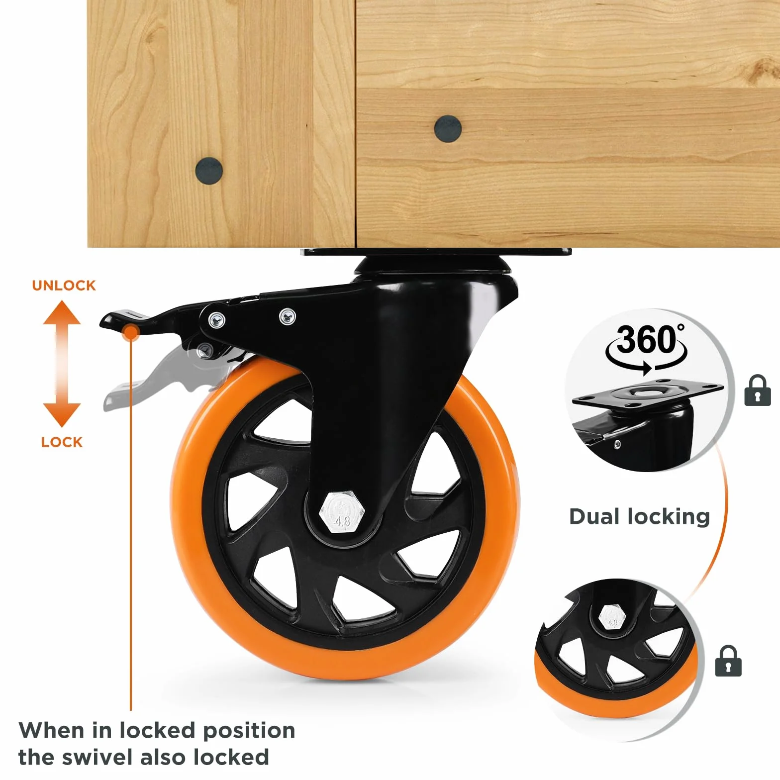 Ruote per carrelli, per carichi Pesanti 100mm Ruote Set di 6, di bloccaggio Ruote girevoli Ruote per Carrello, Mobili e Banco da Lavoro, Arancione