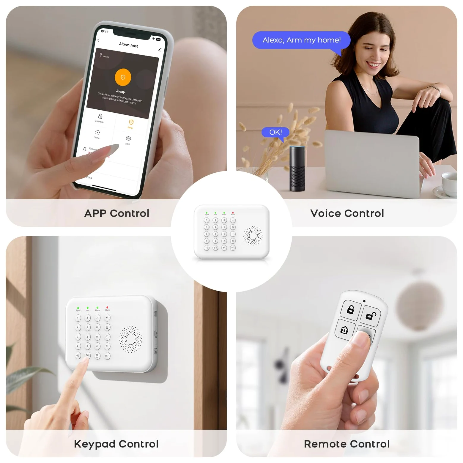 Kit sistemi di sicurezza domestica wireless, sistema di allarme 4G/WiFi + GSM con selezione automatica, app e controllo vocale, senza costi mensili, compatibile con Alexa e Google Assistant