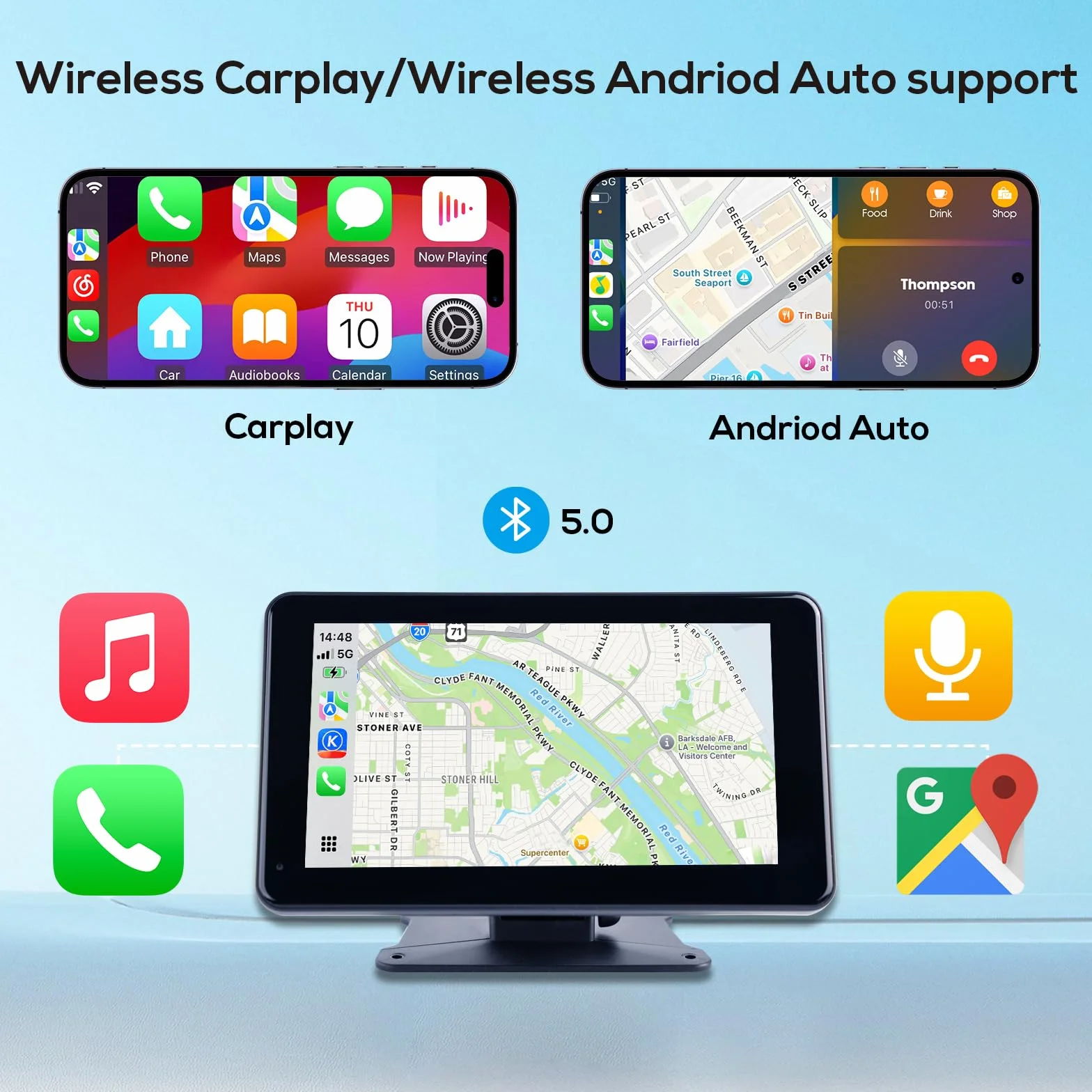 Haudio Car Audio portatile per Apple Carplay wireless e Android Auto, 7 pollici schermo touch portatile wireless con telecamera di backup con Bluetooth WiFi,Controllo vocale,FM,AUX,Mirror Link