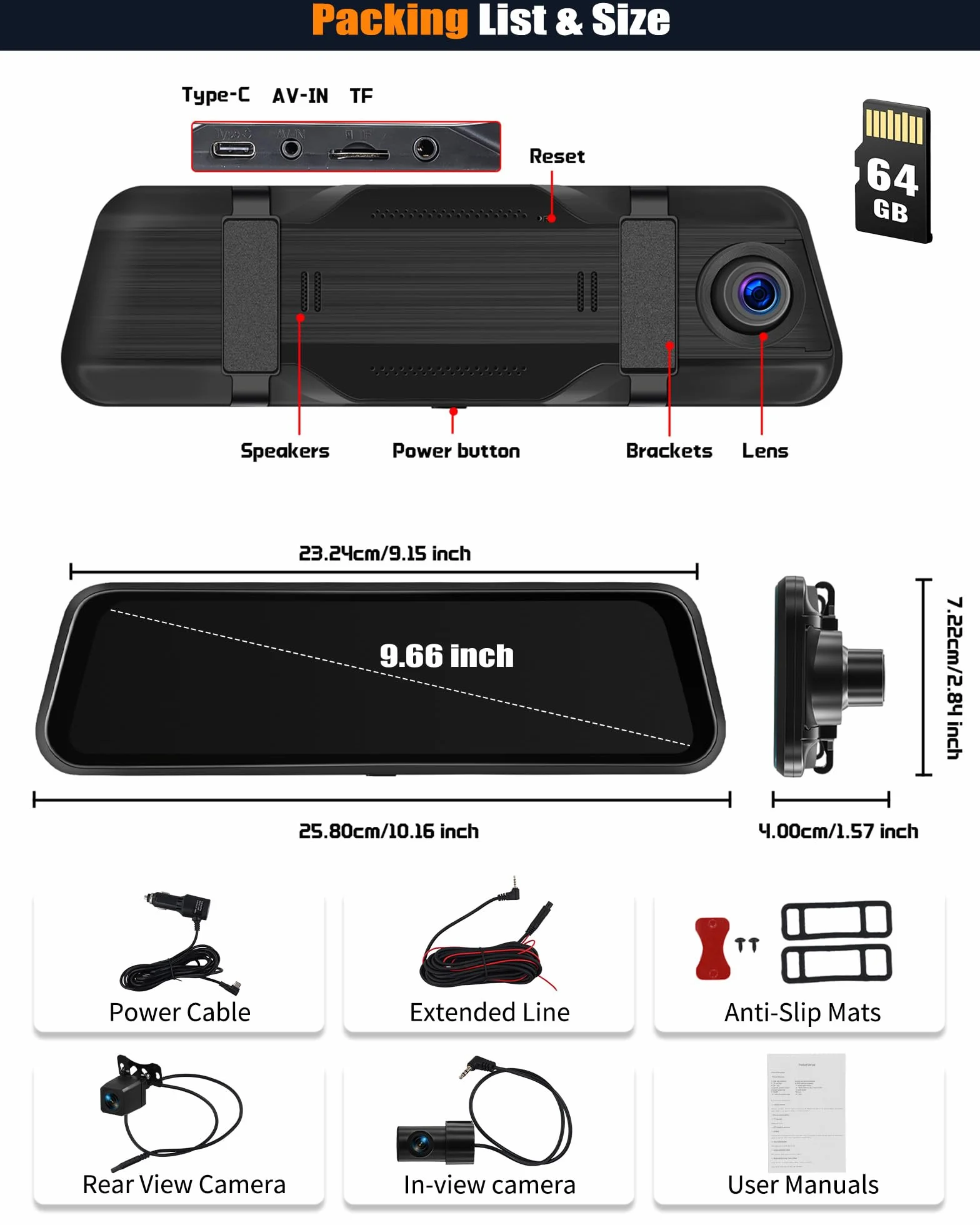 CAMECHO 9.66 Pollici 2K Mirror Dashcam Auto con 2 Telecamere 1080P, Anteriore 150° e Posteriore Dash Cam 120° con Linea inversa, Visione Notturna, Sensore G, Scheda da 64 GB WIFI APP