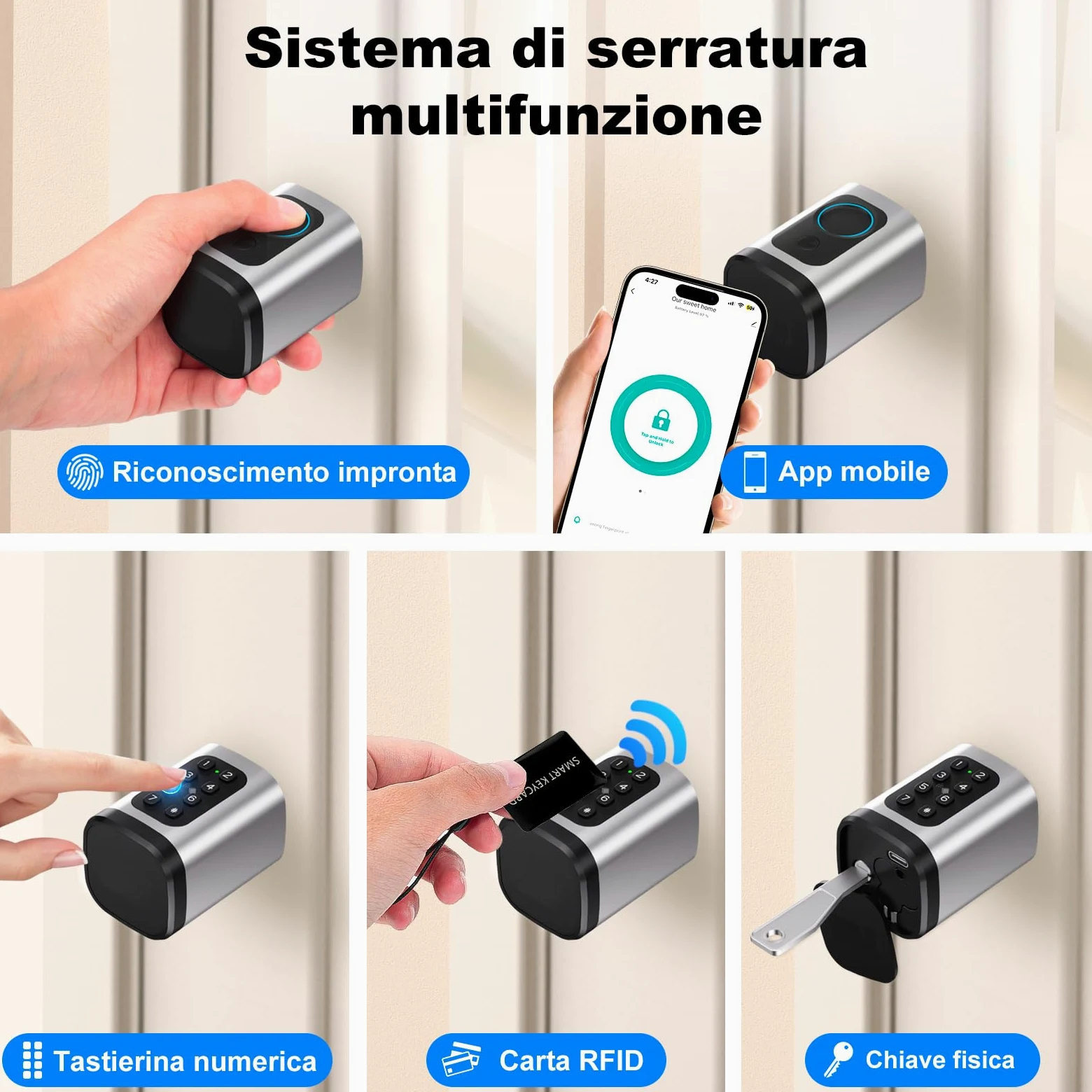 Serratura smart, serratura elettrica porta blindata con impronta digitale, lunghezza regolabile serratura elettrica con scheda RFID, app, WiFi, Bluetooth, 60–90 mm, accessori di prolunga, argento