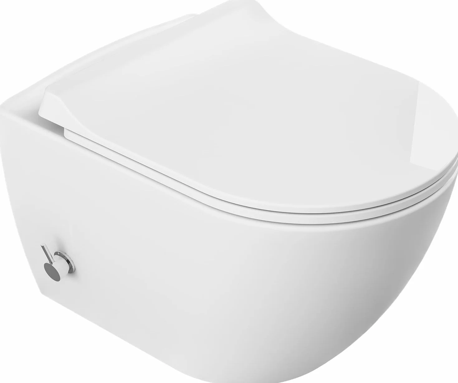 Rimless Wall-Hung WC con funzione bidet integrata e rubinetto miscelatore caldo/freddo, sedile in Duroplast, ceramica bianca