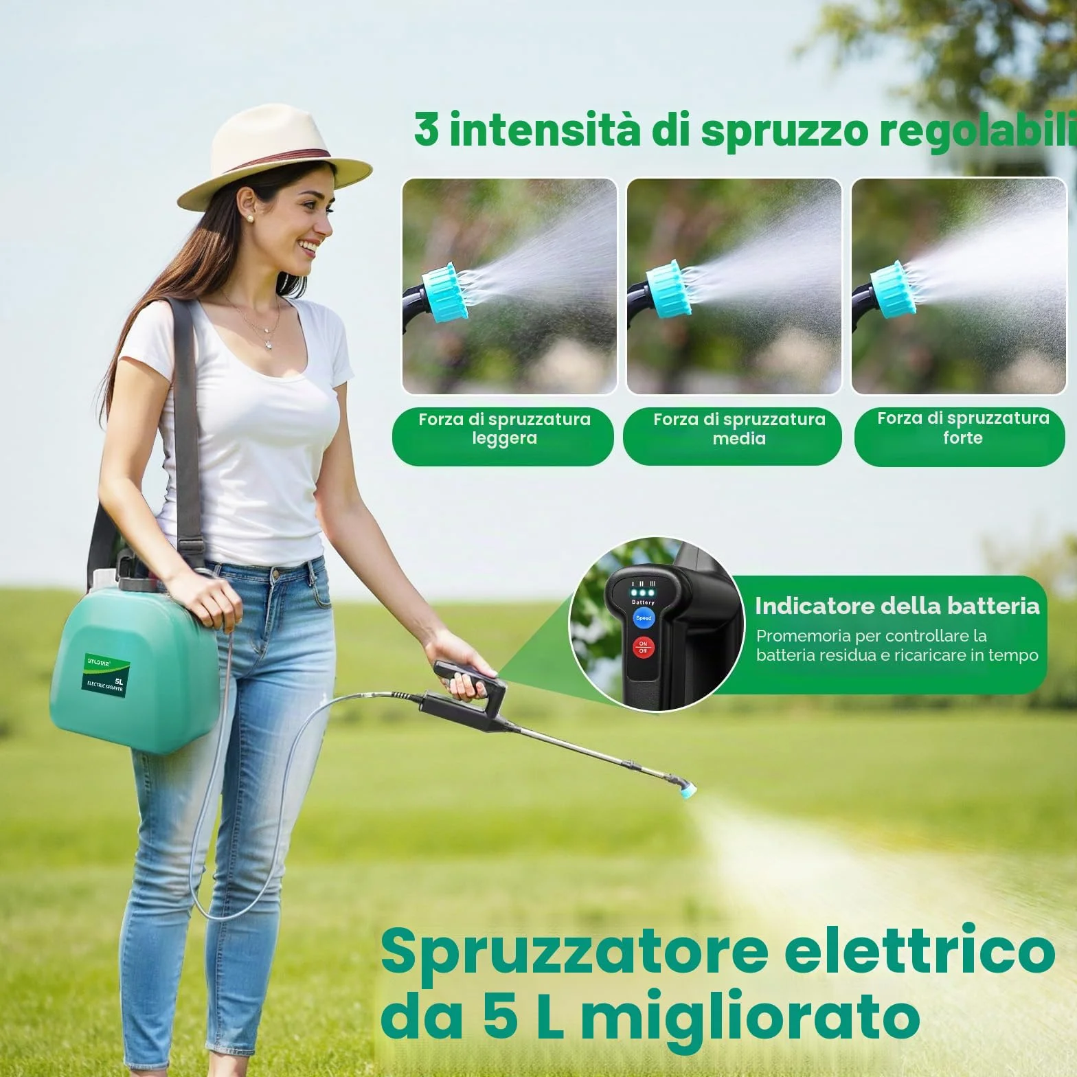 SYLSTAR Pompa Irroratrice a Batteria da 5L, 3 Velocità di Pompa Irroratrice,7.4V Spruzzatore Forte con Indicatore di Batteria, 4 Ugelli Regolabili Nebulizzatore Piante per Giardino (Verde)