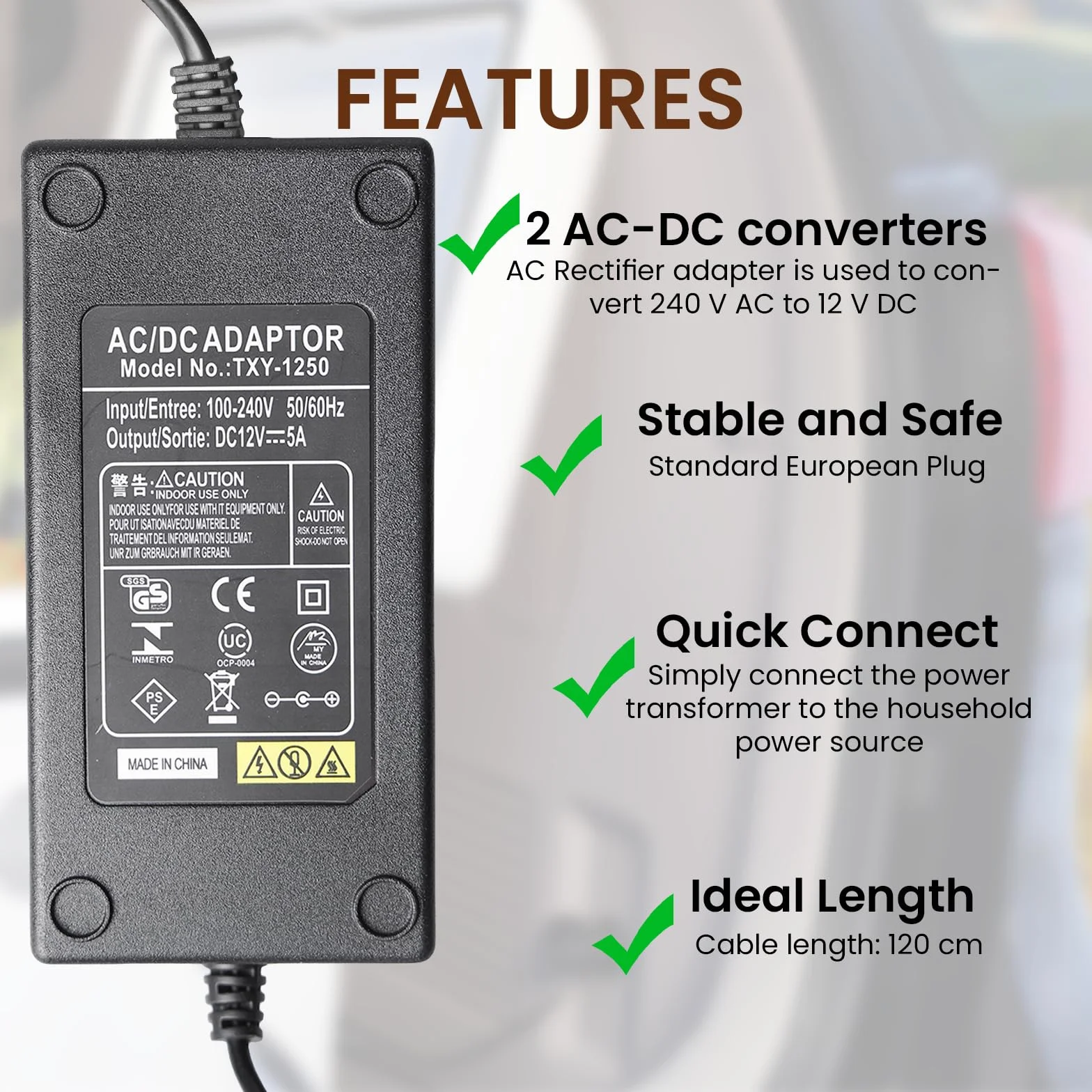 2 adattatori AC a DC Converter 220 V a 12 V, 5 A, adattatore di alimentazione per accendisigari per auto, frigorifero aspirapolvere