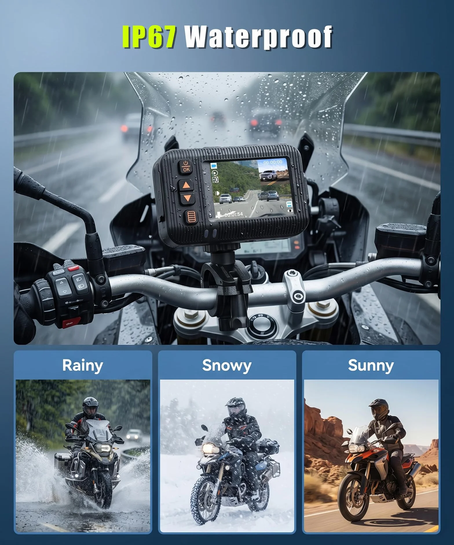 Rimoody Dashcam per Moto 1080P con Due Telecamere, 2" Schermo, Telecamera a Doppia Lente Anteriore e Posteriore, IP67 Impermeabile, Visione Notturna, G-Sensor, Loop Video, Monitoraggio di Parcheggio