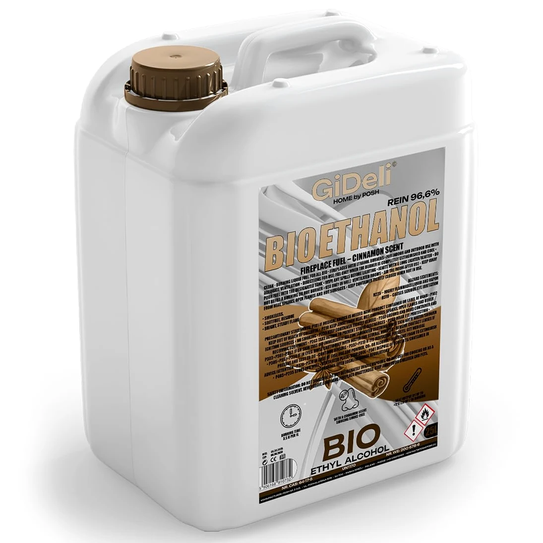 GiDeli bioetanolo 25 l con profumo di cannella 96,6% etanolo per camini interni ed esterni, senza fumo e fuliggine – da mais e barbabietola da zucchero