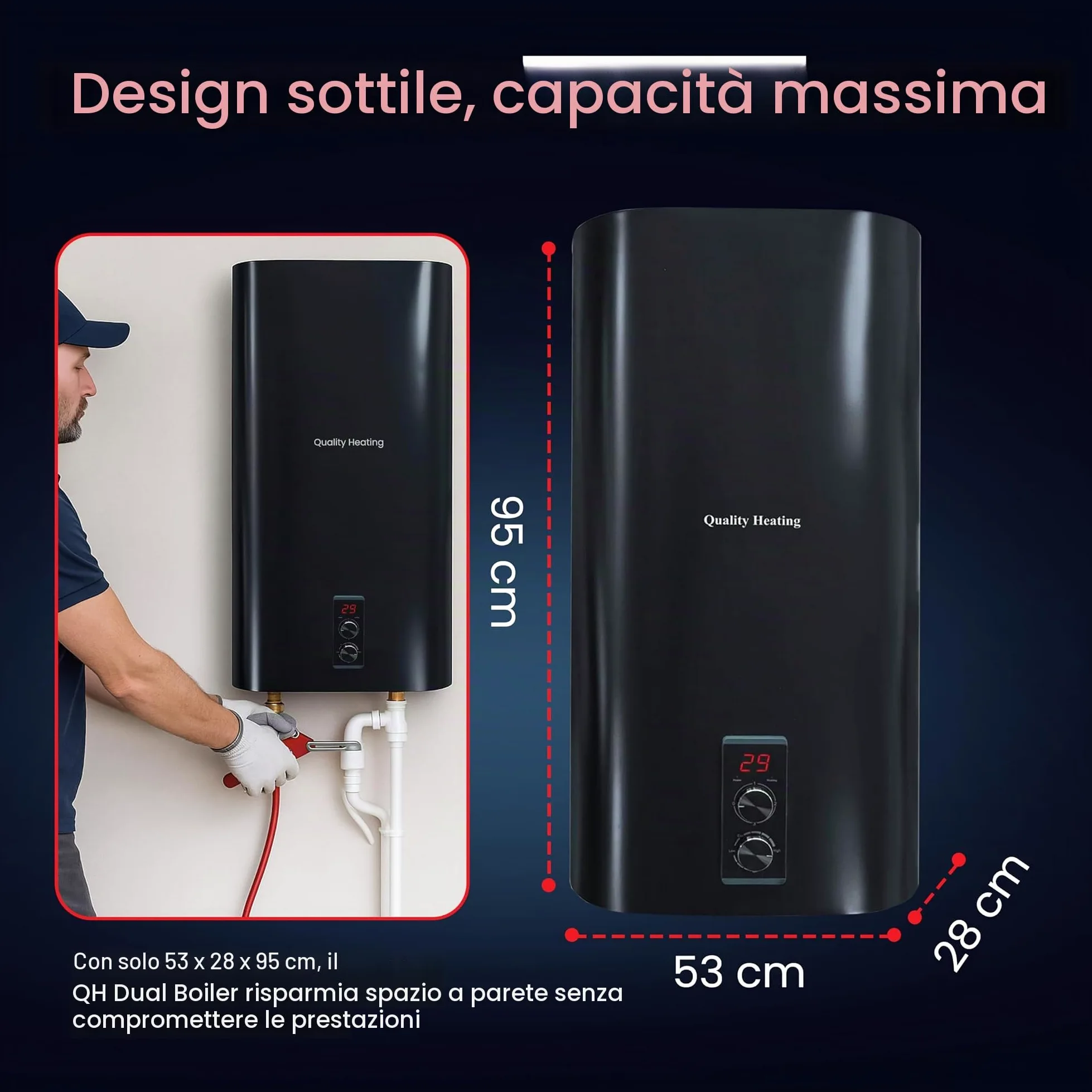 scaldabagno elettrico 30 L, 1500 W, controllo digitale, valvola di sicurezza inclusa, installazione a parete, efficiente, boiler elettrico bianco
