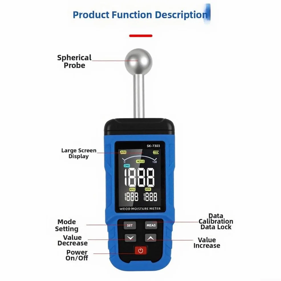 Misuratore di umidità non distruttivo, 208 x 64 x 30 mm, per test su pareti e legno, con sensore induttivo e display trasparente, struttura in plastica portatile per costruttori e uso fai da te