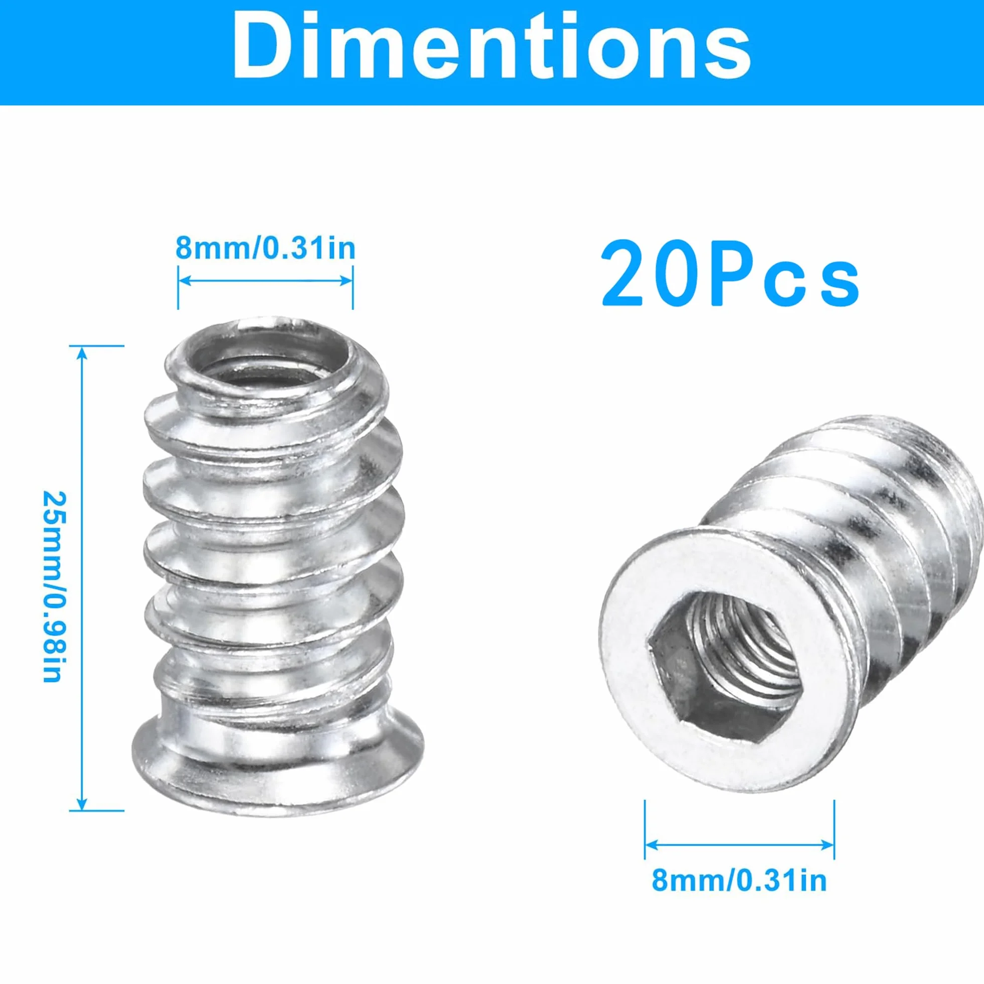 20 Pezzi Dado Avvitabile M8×25mm Inserto Filettato per Legno, M8Zincato Esagonale Manicotto Filettato, Compatibile con Viti per Legno e Viti da Legno, Inserti Filettati Avvitabili per Mobili, Argento