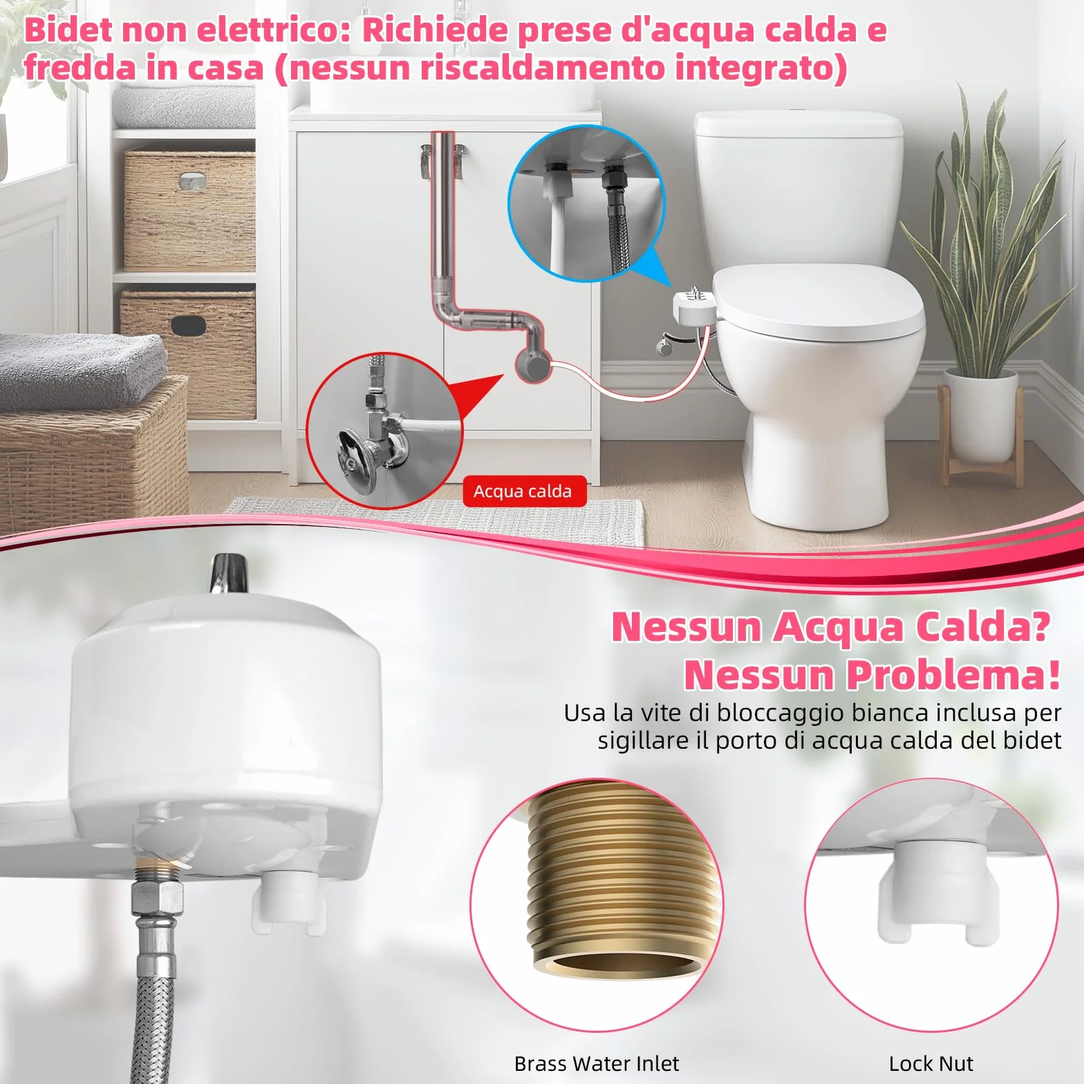 Hibbent Bidet WC Doccia Toilette autopulente pulizia ugello caldo freddo non-electric meccanico sedile pressione acqua regolabile T-Adattatore 3/8