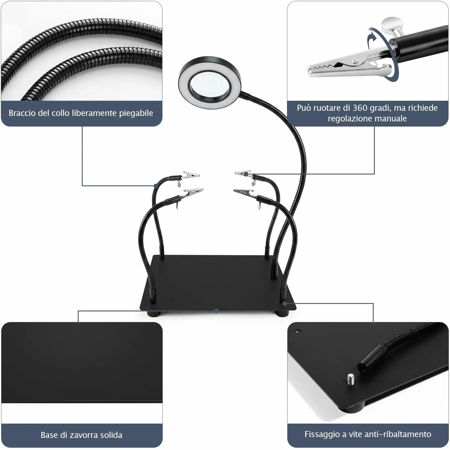 Terza Mano per Saldatura 6X Lente d‘Ingrandimento LED 4 Bracci Flessibili Portal circuiti Stazione Saldante per Elettronica Gioielleria Hobby