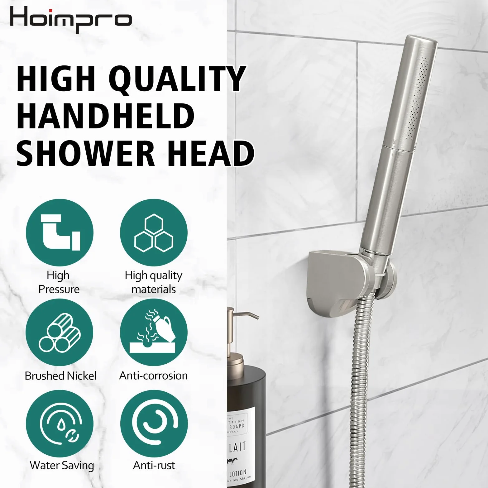 Homipro, soffione doccia in ottone spazzolato 2 in 1, funzione ad alto flusso, ad alta pressione, 17,8 cm, finitura spazzolata, doccetta con tubo flessibile da 150 cm, staffa