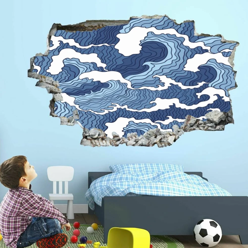 Adesivi murali 3D Murales fracassati Onde blu Decalcomanie da pavimento rimovibili Arte Arte astratta per camera da letto Soggiorno Porta del bagno Cucina Ufficio Nursery Decorazione murale