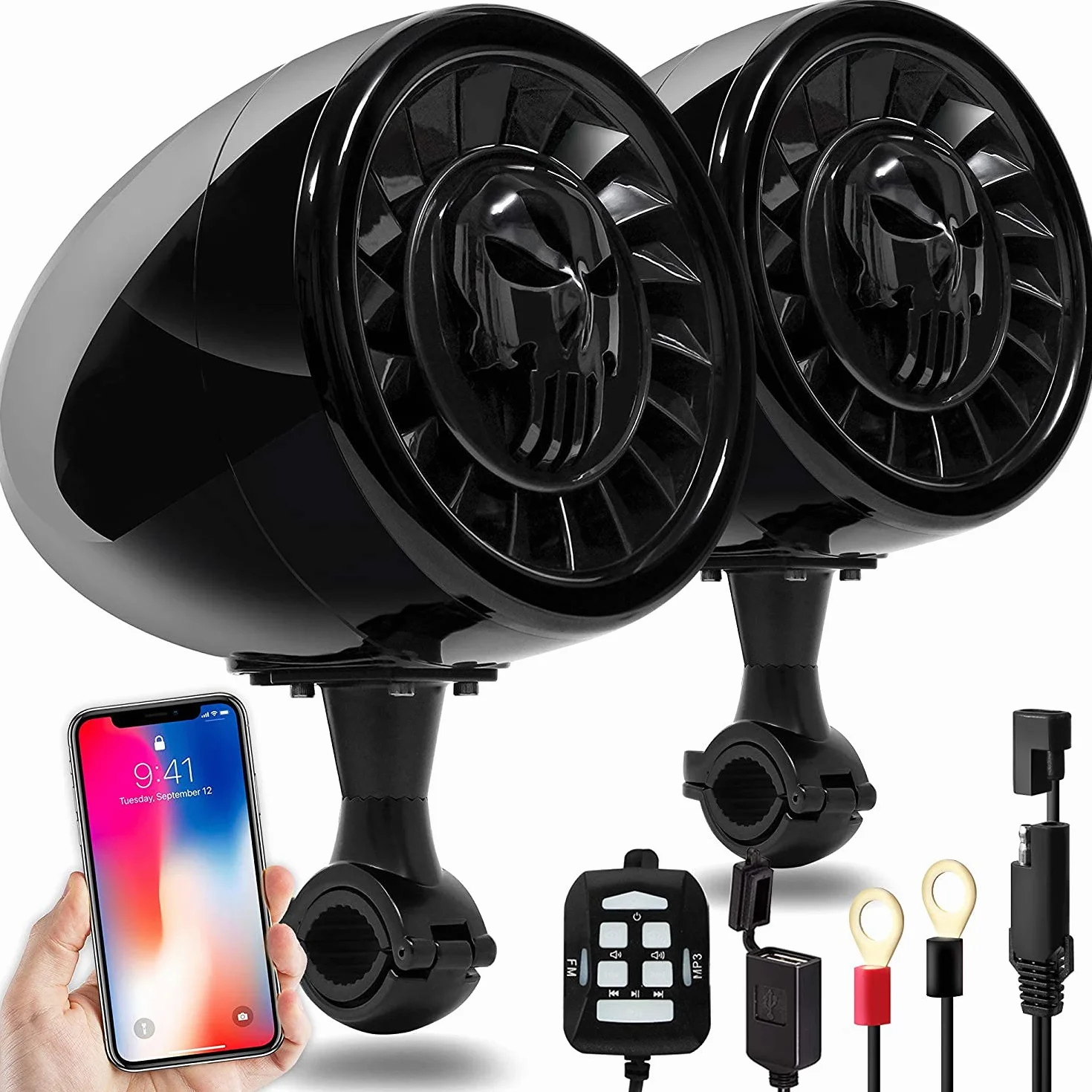 Altoparlanti stereo Bluetooth marini impermeabili da 5 pollici ad alte prestazioni Sistema audio Bass Boat per impieghi gravosi con ingresso USB e AUX, ideale per motocicli ATV/UTV/RZR