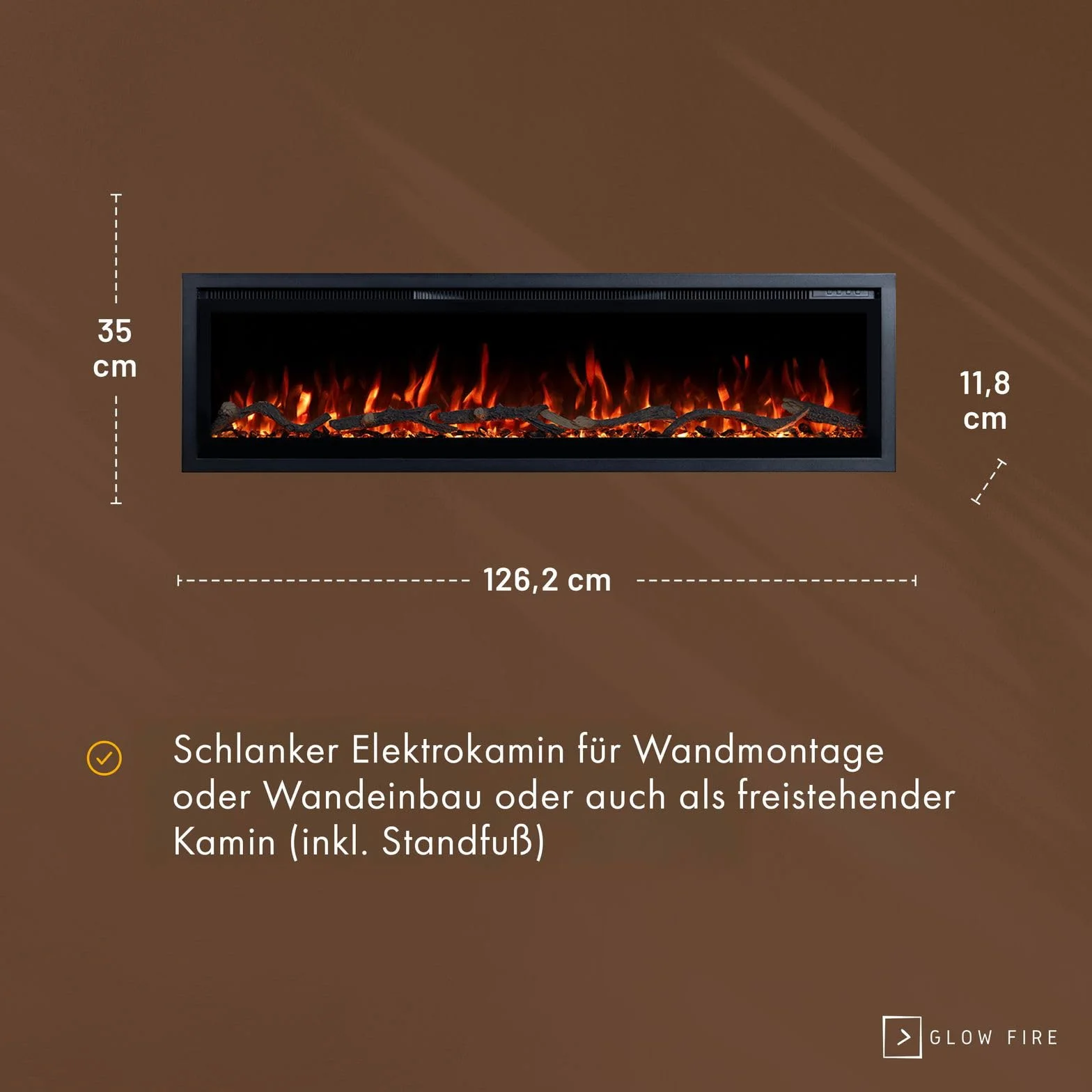 GLOW FIRE Camino elettrico Core 127 LED 3D, 1800 W, 127x35x12 cm, parete, controllo app