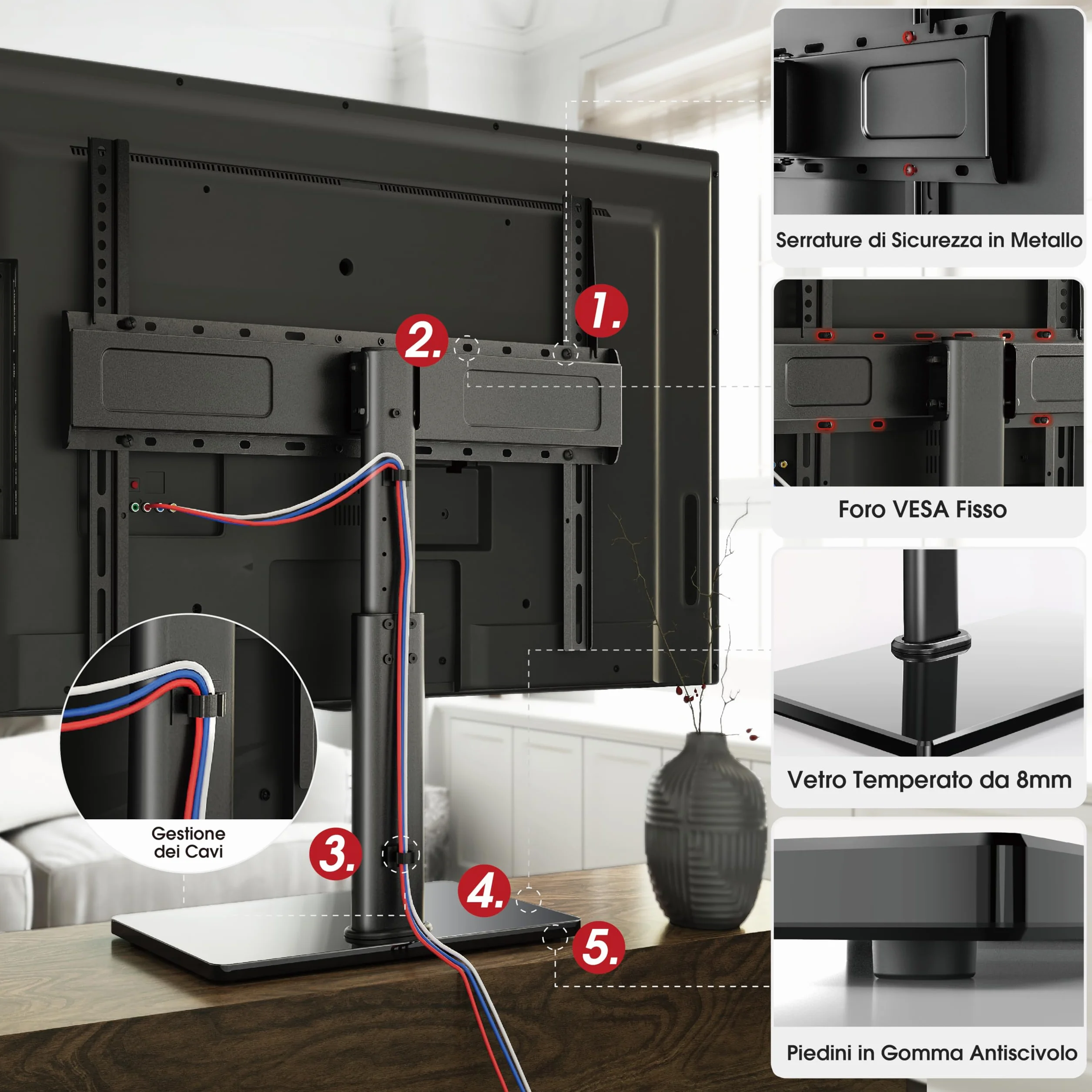 AOKCOS Supporto TV da Tavolo Inclinabile per 32-55 65 70 75 Pollici, Girevole Altezza Regolabile Piedistallo TV con Base, Mobile Porta TV Max VESA 600x400mm 45KG