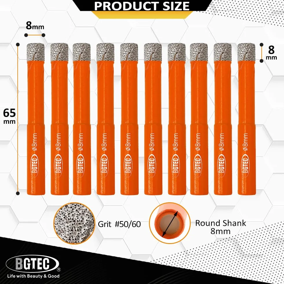 BGTEC Set Punte Diamantate a Secco 10 Pezzi 8 mm per Seghe a Tazza Granito Marmo Cemento
