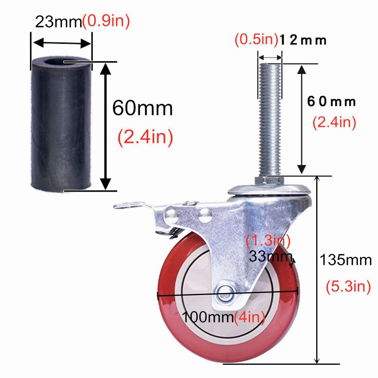 Ruote girevoli in Poliuretano Resistenti da 100 mm con Freno – Set di 4, Ideali per banco da Lavoro, Carrello, mobili, scaffale, bullone M12x60mm, Tubo Tondo da 4 Pollici