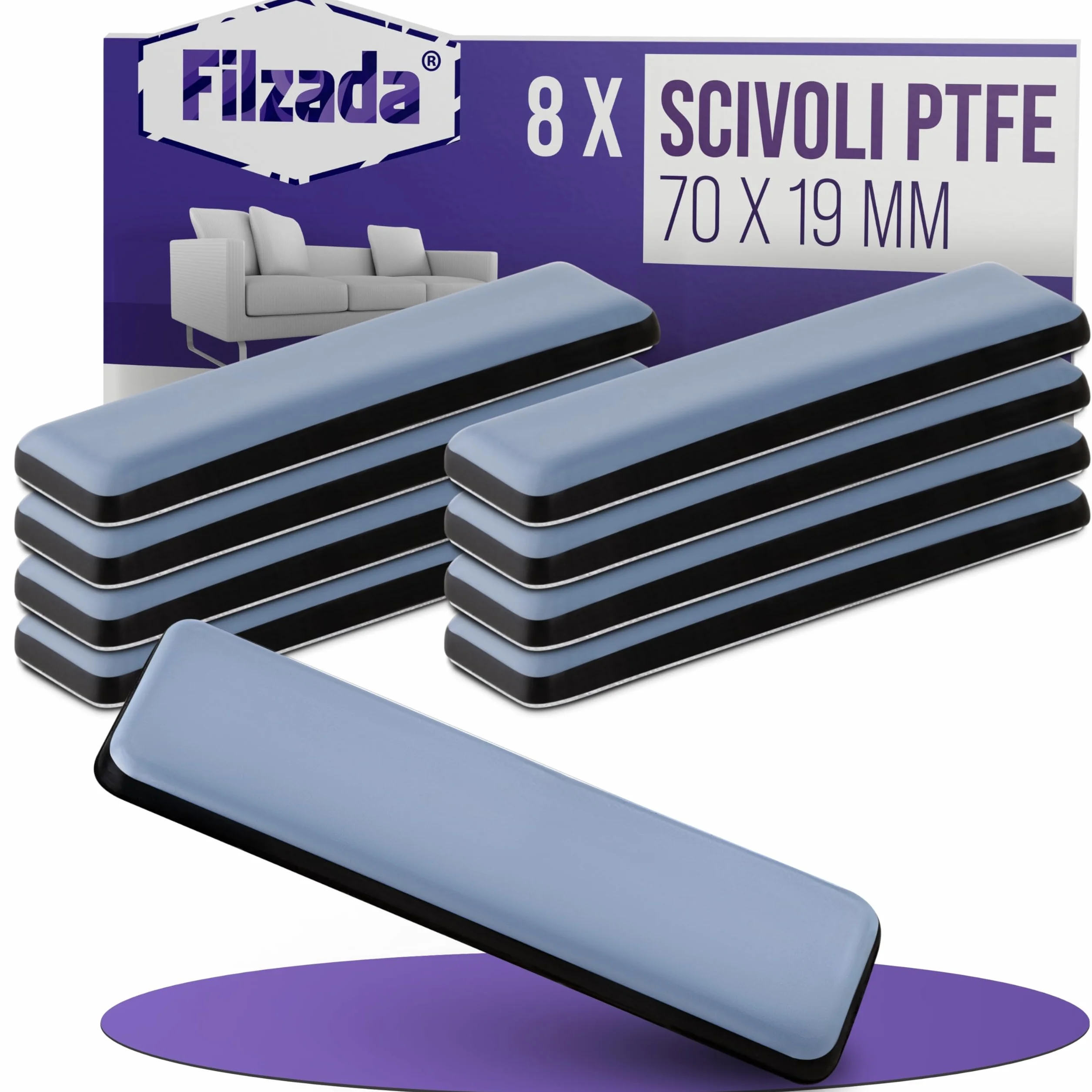 Piedini per mobili autoadesivo in Teflon 70 x 19 mm - Scivoli per mobili PTFE 8 pezzi