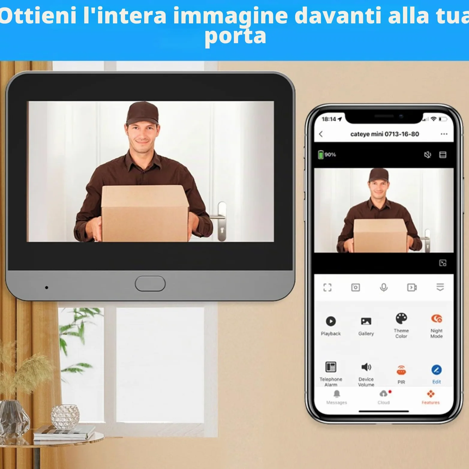 Videocitofono WiFi intelligente con schermo da 4,3 pollici, rilevatore di movimento 1080p, spioncino digitale, visione notturna, per fori per porte da 14-30 mm (bianco)
