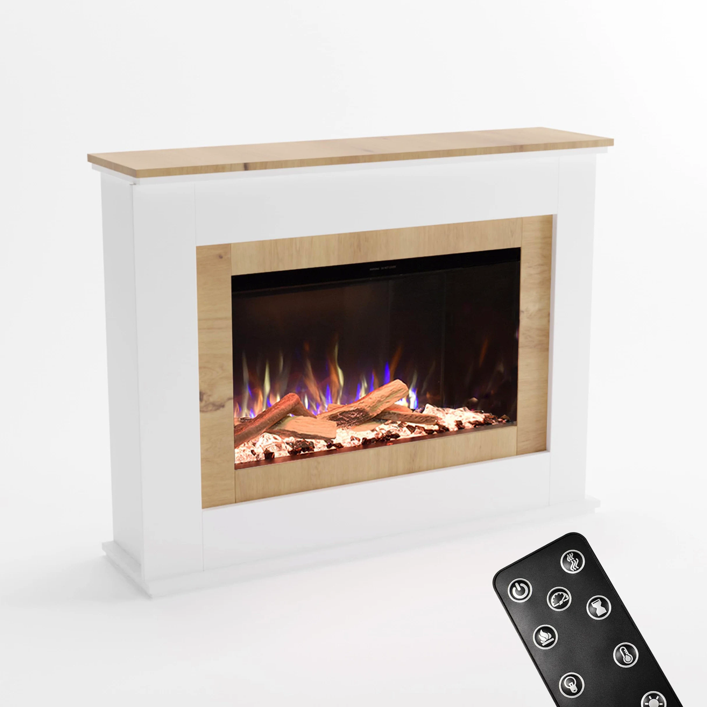 GLOW FIRE Caminetto PR6 con realistico fuoco LED E-Motion 3D - Caminetto elettrico da terra con riscaldamento, fuoco da camino, timer, max. 1500 W, 130x98,5x37,5 cm, Bianco (Quercia)