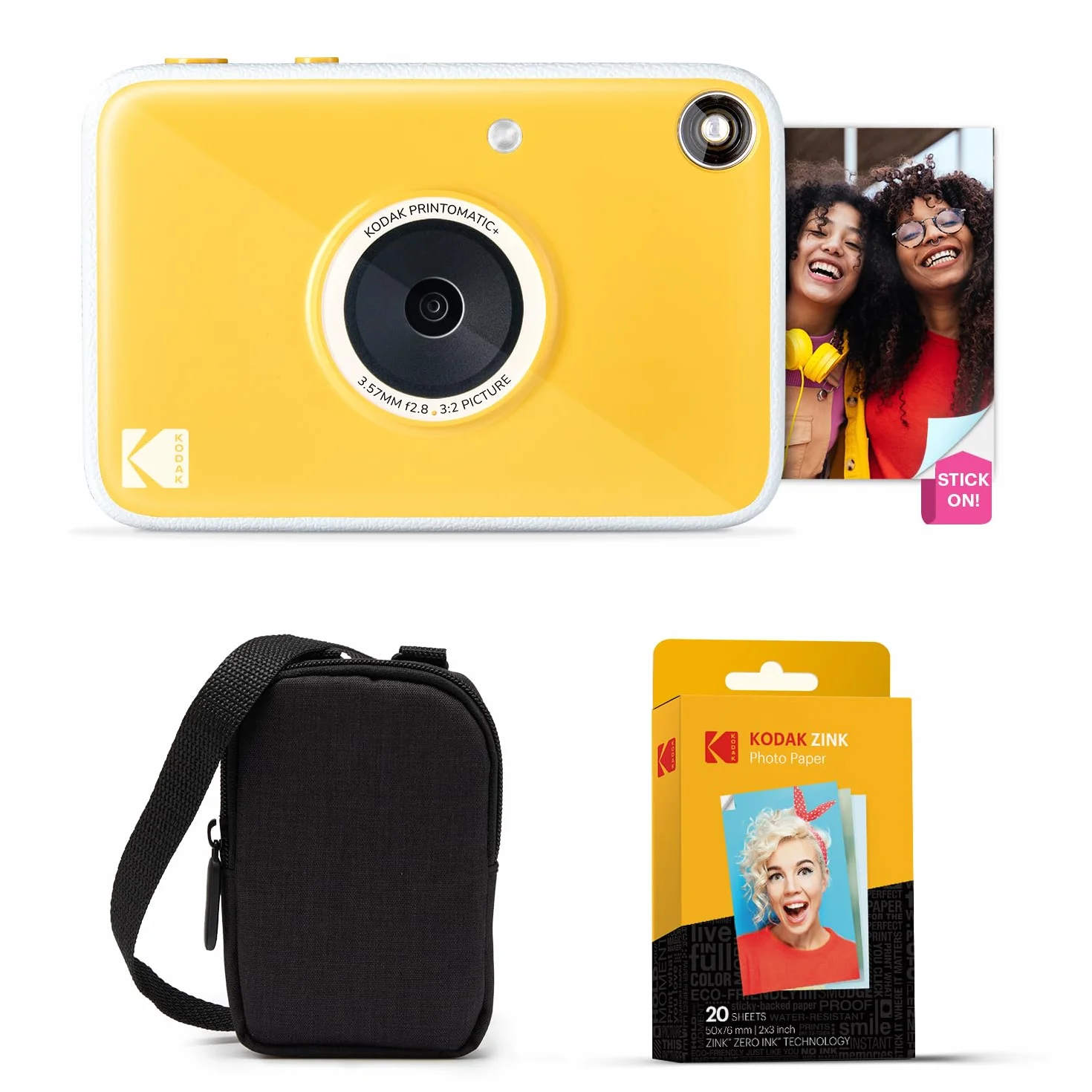 KODAK Printomatic+ Fotocamera Istantanea 10MP Kit Iniziale con Custodia, RGB LED e Carta Adesiva Zink 20pz – Giallo