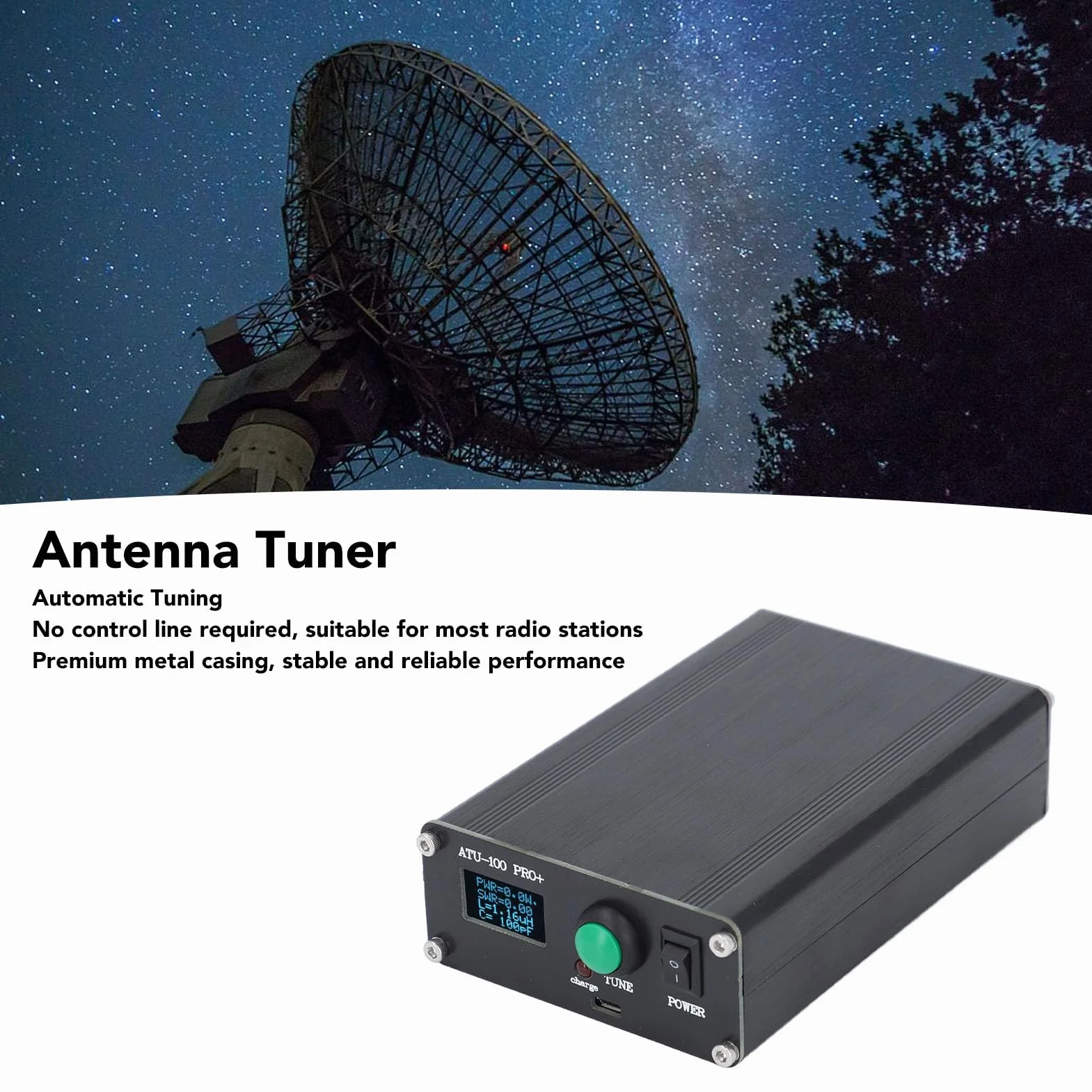 Sintonizzatore Automatico ATU 100 Pro+ per Antenna con Display 0,96 Pollici Ricarica USB Lega di Alluminio e Condensatore SMD per Apparecchiature Radio