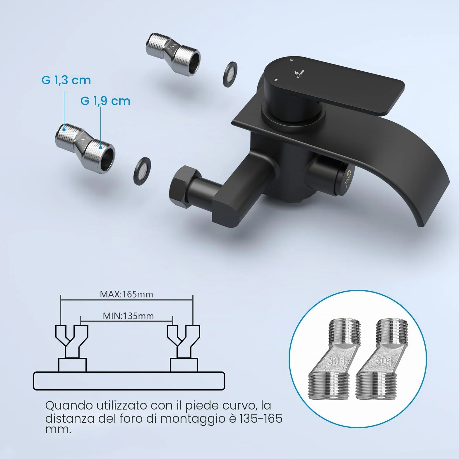 KULACO Rubinetto per Vasca da Bagno a Cascata, Nero, Monomando con Interruttore a Pressione, Materiale in Ottone, Reversibile, Montaggio a Parete