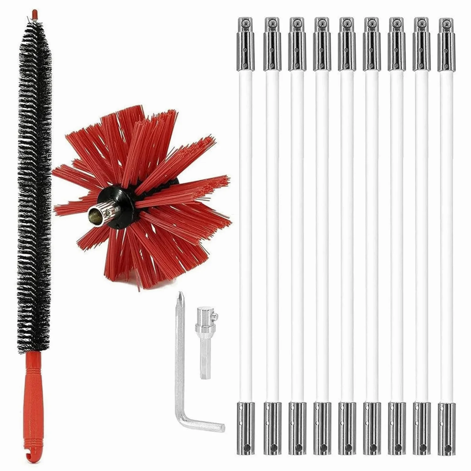Kit Spazzacamino da 5.5M, Spazzola Pulizia Camino con 9 Aste Flessibili, Una Testina in Nylon e 1 Pennello a Mano, Kit di Pennello per Pulizia per Camino, Asciugatrice, Sfiato
