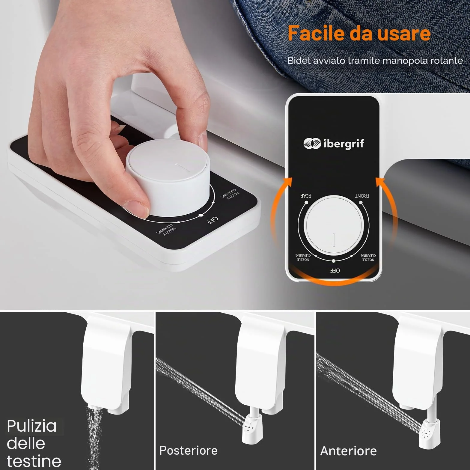 Ibergrif M41050 Bidet Portatile per WC Non Elettrico con Doppia Bocchetta a Scomparsa, Pressione Regolabile