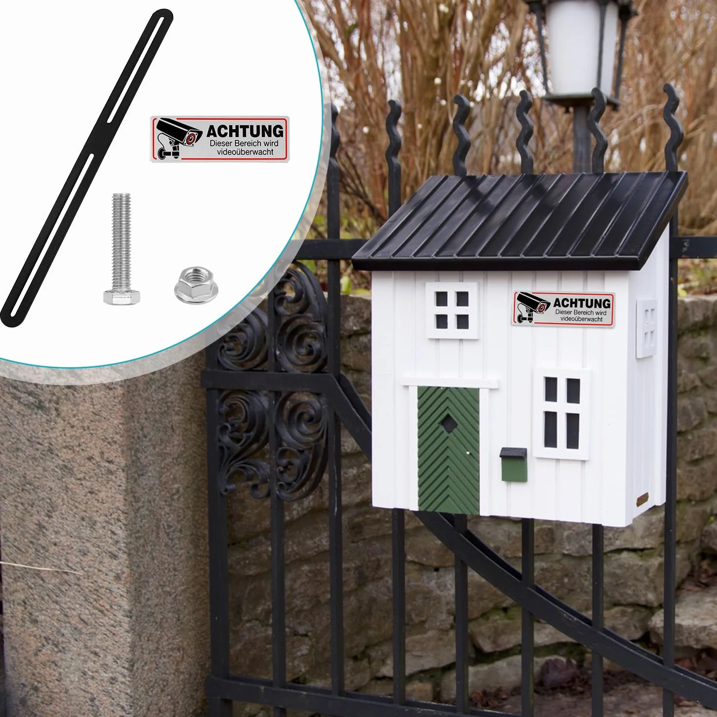 Kit di Fissaggio per Cassetta Postale, 6 Cartelli Avviso Telecamere, Montaggio su Porte Recinzioni (Nero)