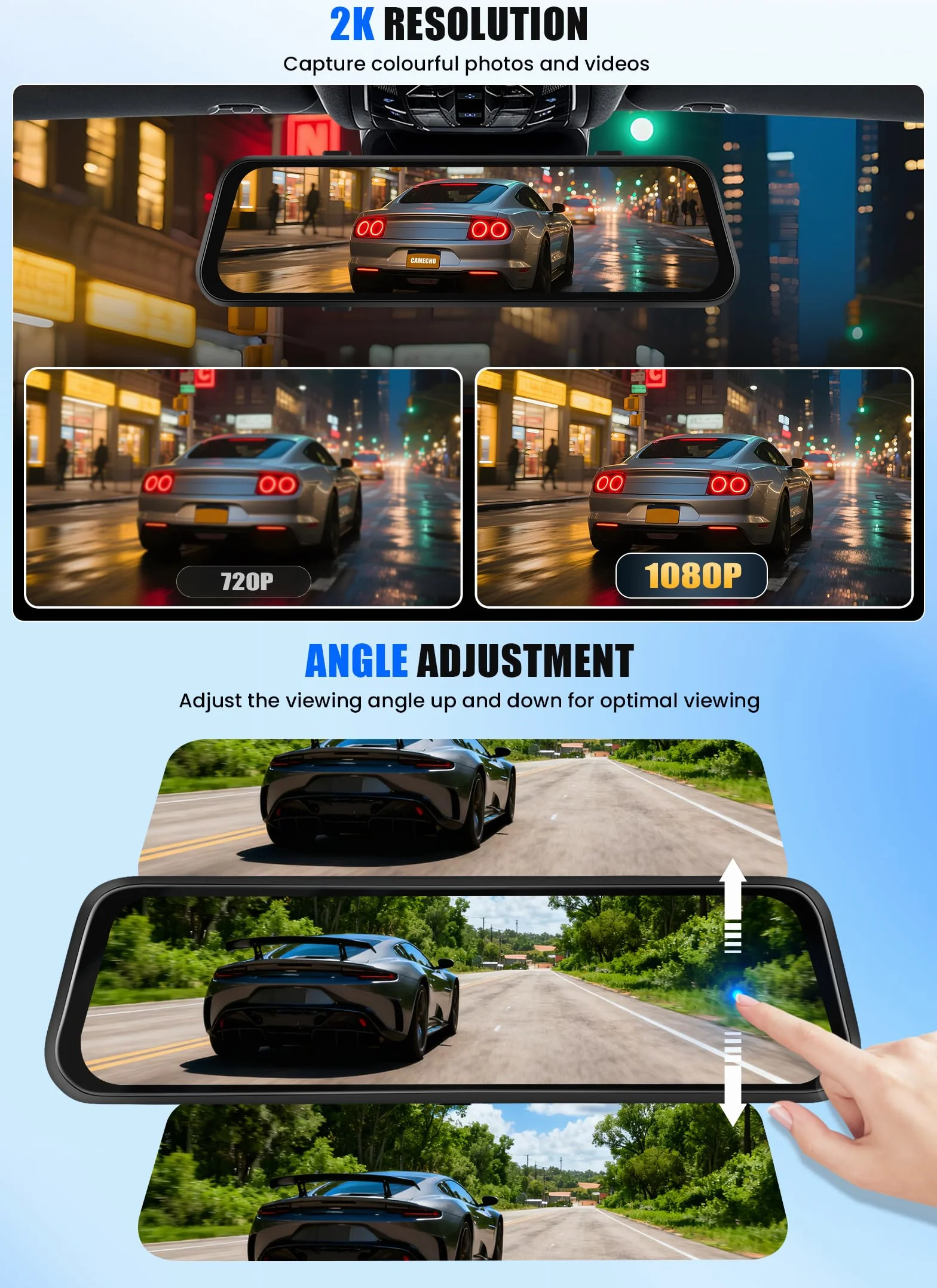 CAMECHO Mirror Dash Cam Schermo da 9.66 pollici 2K, Dashcam con TRE Telecamere: Anteriore/Interna/Posteriore -WiFi registrazione loop/sensore di gravità/assistenza al parcheggio