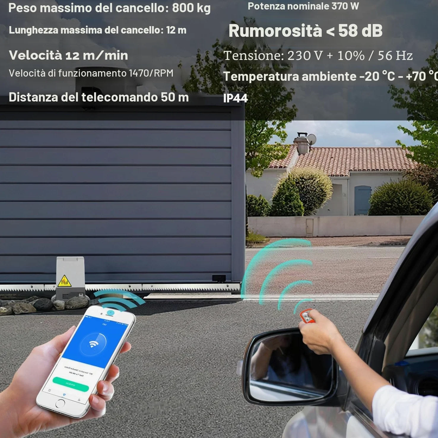 800kg 370W Smart WiFi Kit Automazione Cancello Scorrevole, Motore Cancello Scorrevole per Porte Fino a 12 m, con 2 Telecomandi, Cremagliera da 4 m e 2 chiavi