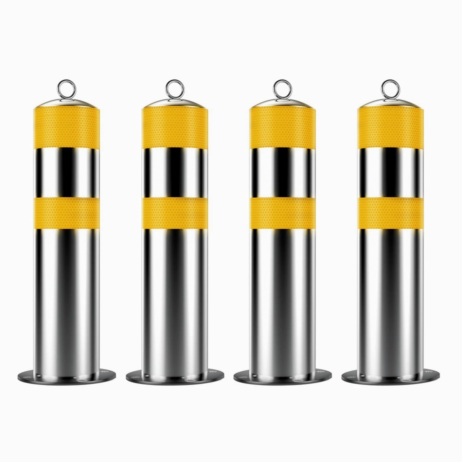 Paletto di sicurezza per parcheggio, diametro 11,4 cm, in acciaio con strisce riflettenti e anello di sospensione, per la sicurezza stradale e dei parcheggi, giallo, 4 pezzi.