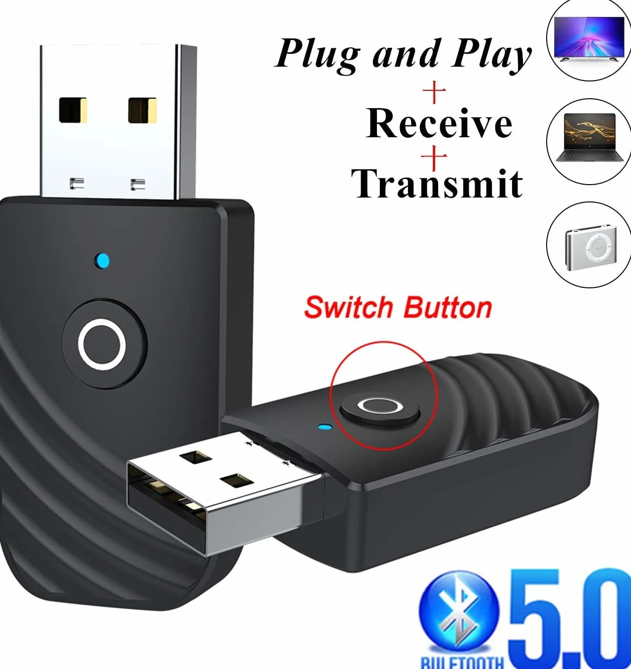 USB Bluetooth 5.0 Adattatore 3 in 1 Ricevitore Audio Musicale Wireless Trasmettitore 3.5Mm AUX per TV PC Cuffie Auto