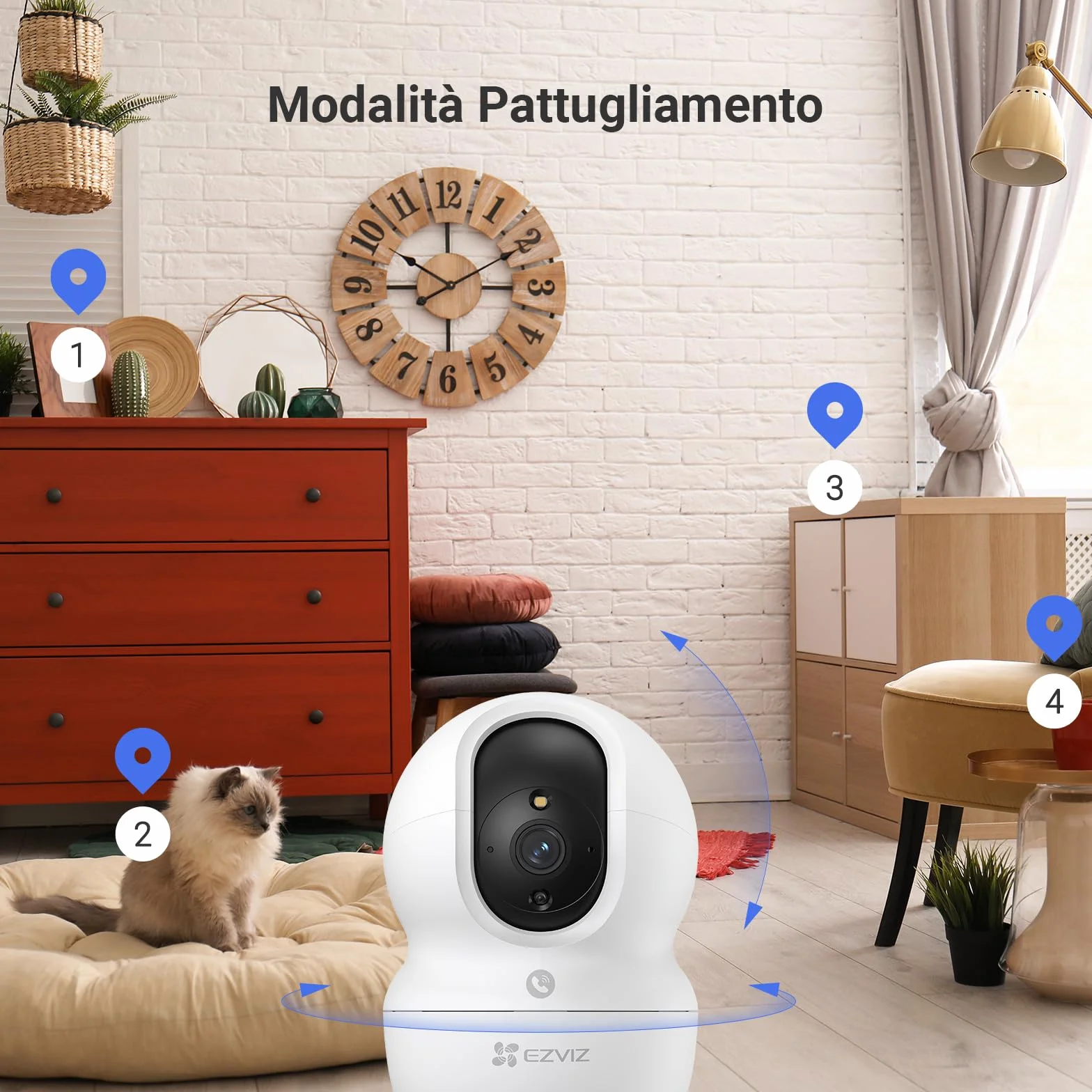 EZVIZ Telecamera Wi-Fi Interno 2K, Videocamera Sorveglianza 3MP per animali e bambini, Motorizzata a 360°, Audio a due vie, Funziona Alexa, Avvisi movimento, Visione notturna, Modello CP1