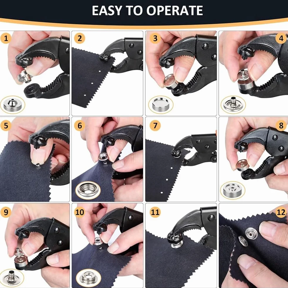 Pqahffowr Set di strumenti di fissaggio a pressione resistente, strumento di regolazione dei pulsanti di copertura in tela, strumento a pressione da 15 mm con 80 set di bottoni a pressione