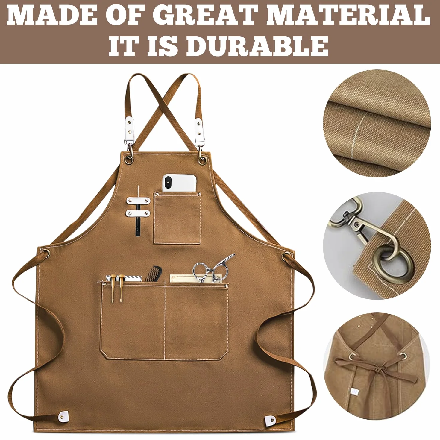 Grembiule da Lavoro Uomo in Tela, 68 * 78cm Grembiule da saldatura con Tasche per Attrezzi, Grembiule Donna/Uomo Durevole di Tela per Giardino,Cucina,Garage(Marrone)