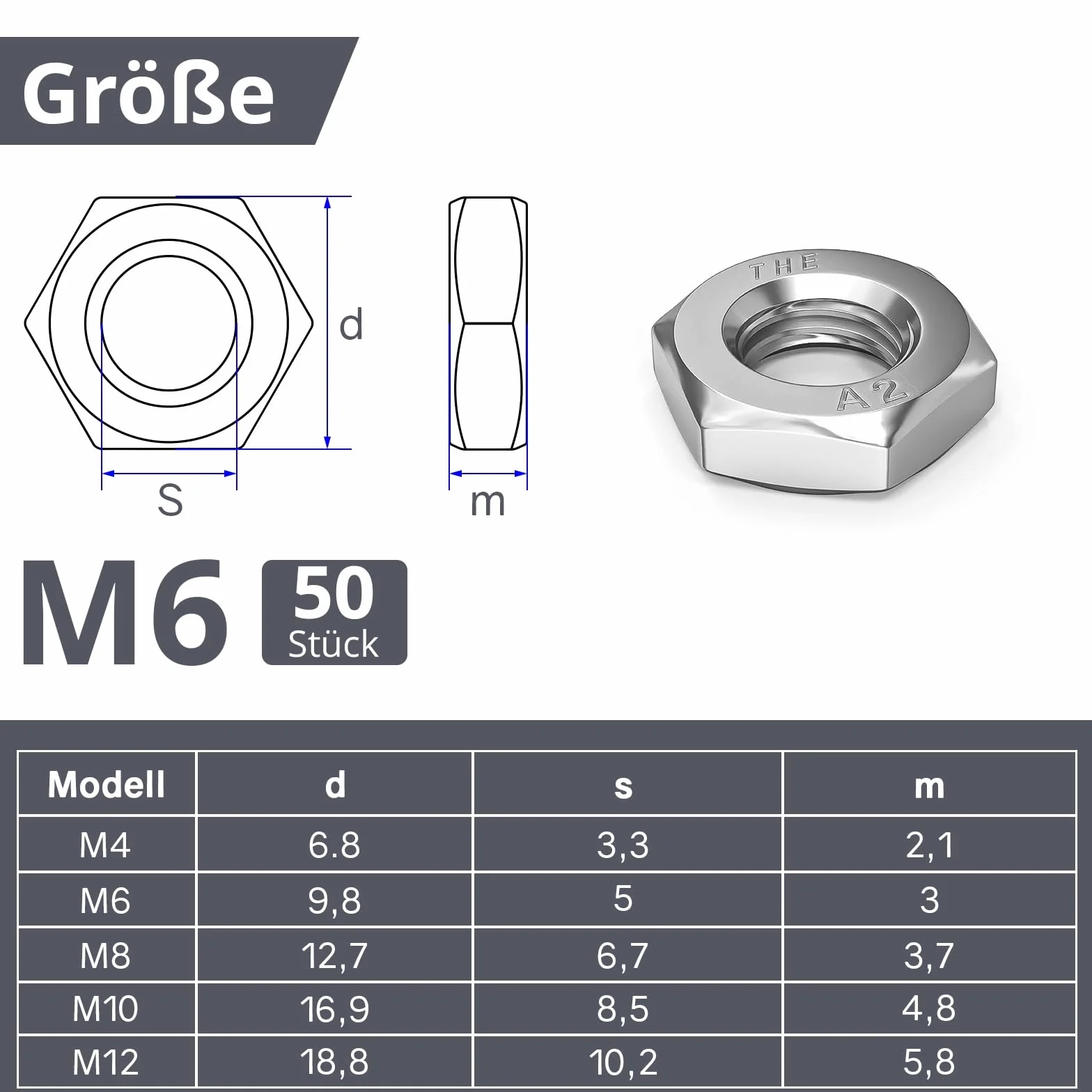 ORTAVA Dadi Esagonali M6 Bassi con Smusso 50 Pezzi DIN 439/ISO 4035 Acciaio Inox A2 V2A
