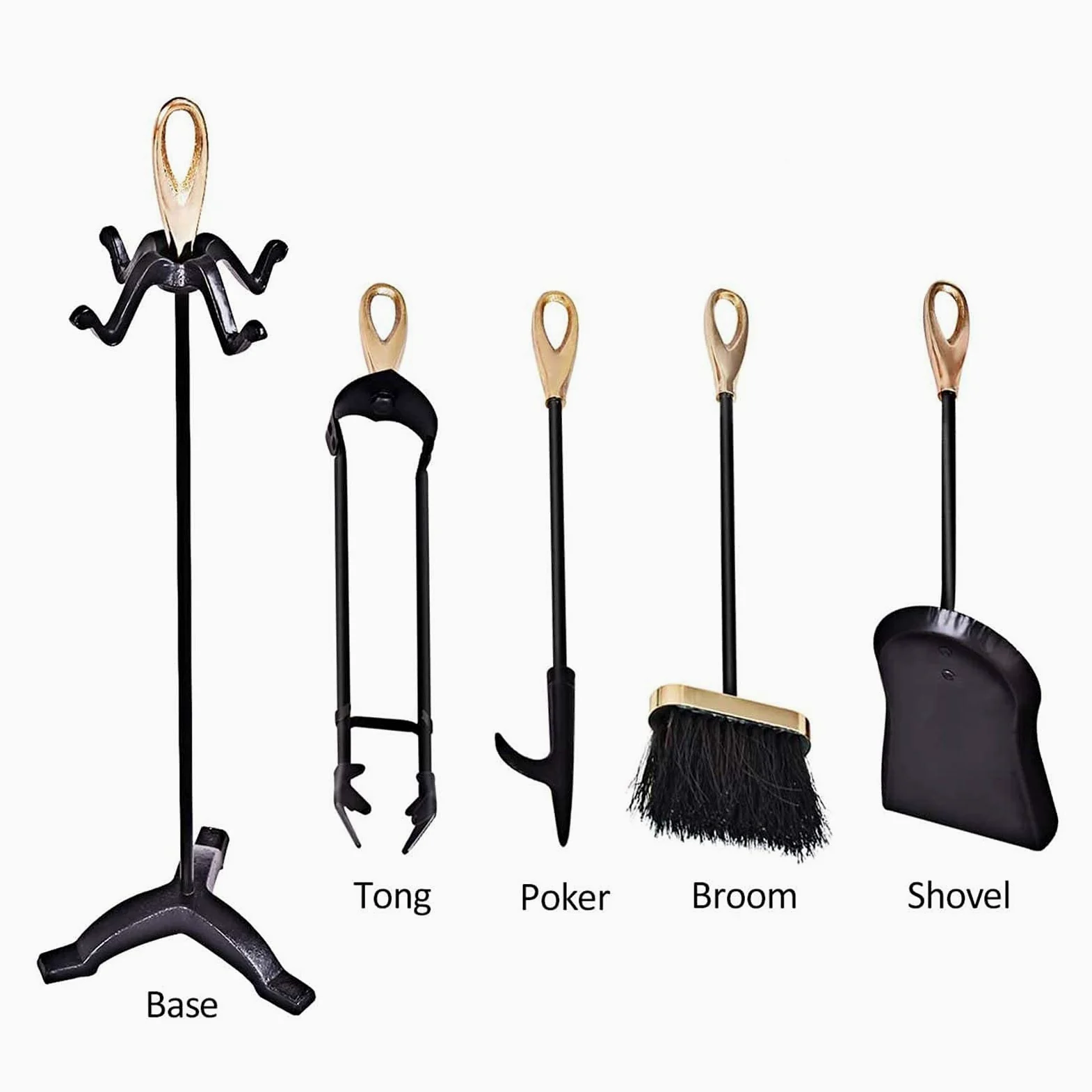 Set di 5 Attrezzi da Camino in Ferro battuto Rustico Nero con Impugnatura Dorata, Include Accessori per braciere a Soffietto e Supporto per caminetto