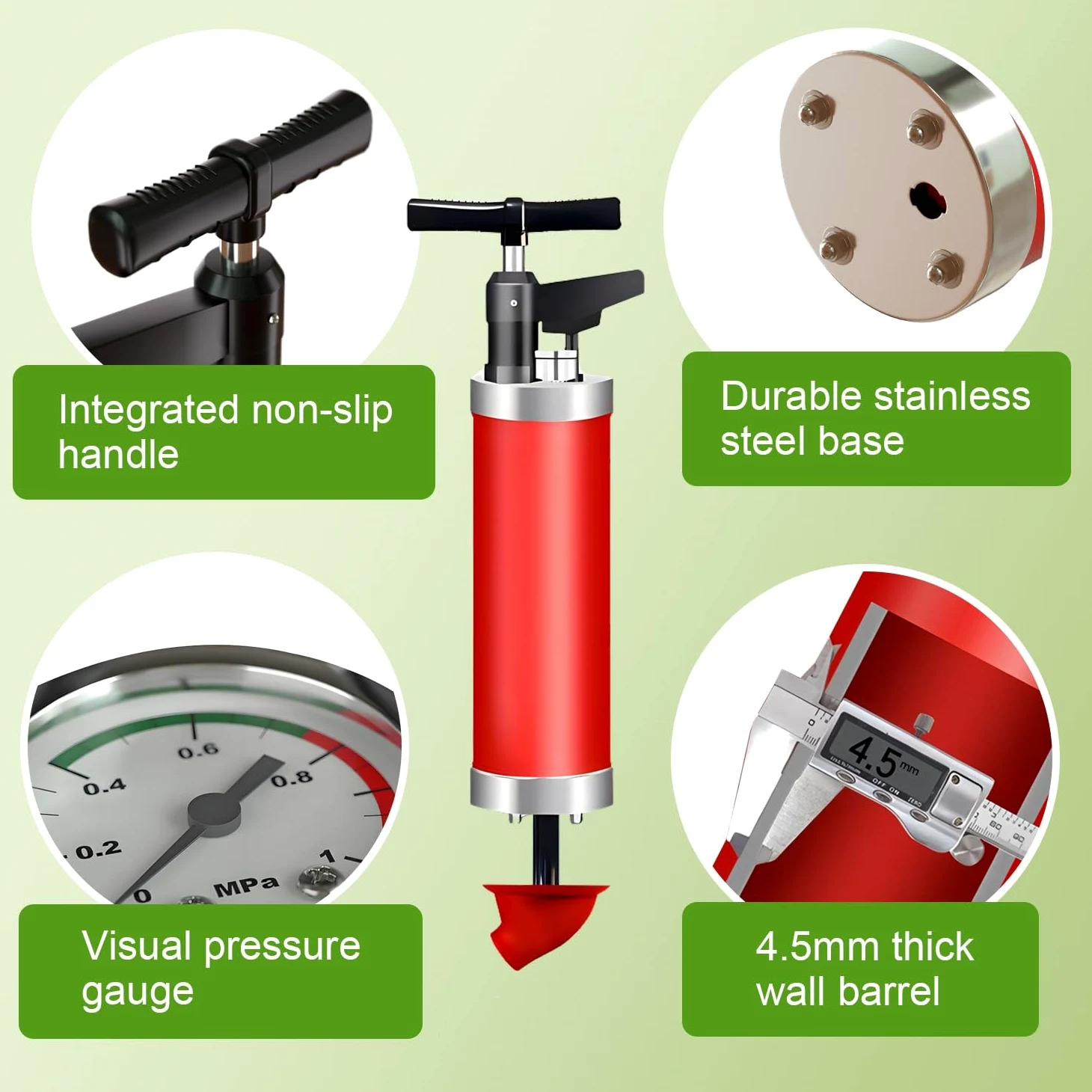 Pompa Stura scarichi a Pressione con 4 Teste di Pistone, Stantuffo per WC ad Aria Compressa con Barometro, Sturalavandino ad Aria Compressa, per WC, Lavandino, Bagno
