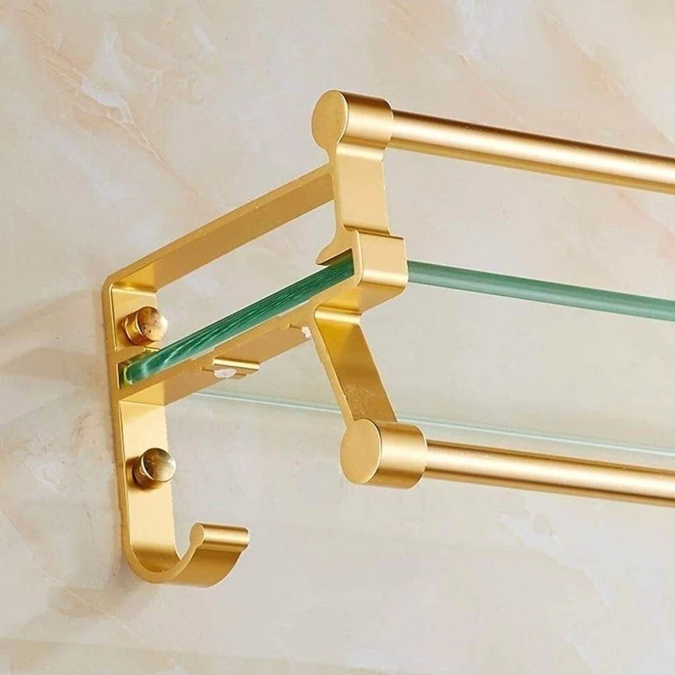 Mensola da bagno moderna in alluminio dorato con barra portasciugamani e barra a parete, in vetro temperato, per doccia (60 cm)