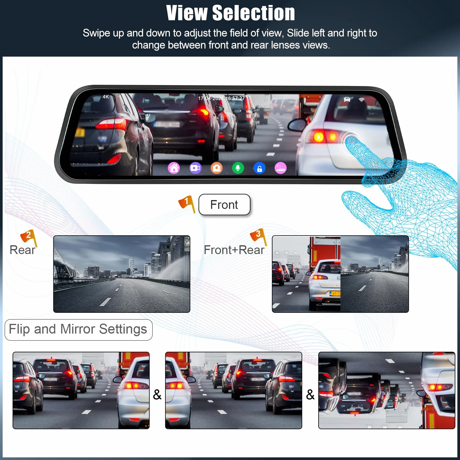 OiLiehu 9,66 Pollici Touchscreen 4K HD Mirror Dashcam con Telecamera Posteriore WiFi Dash Cam per Auto con G-Sensor/WDR/LCA/BSD/Monitor Parcheggio/Registrazione in Loop/Grandangolo 150°/Visione Nott