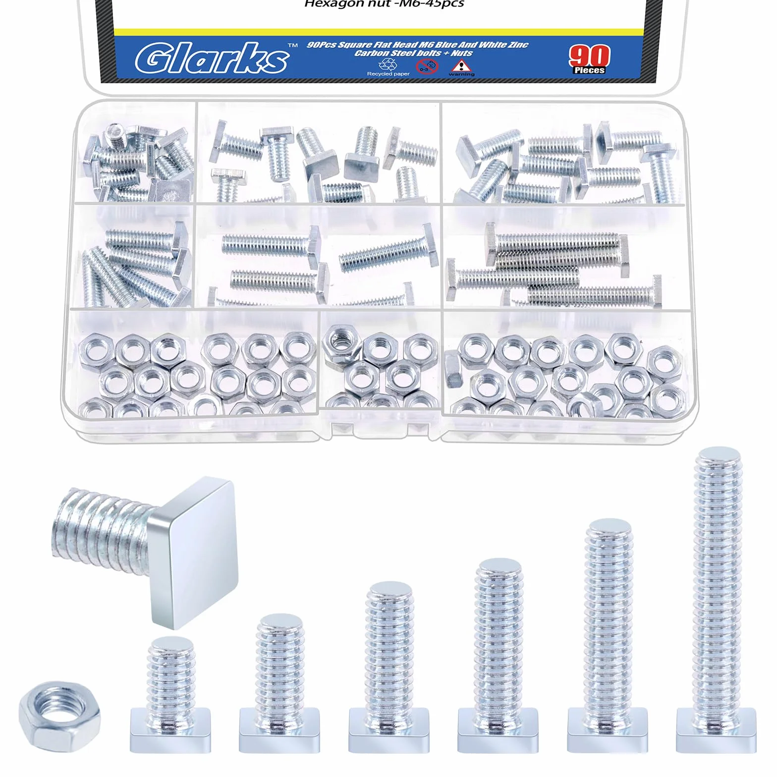 Glarks 90 bulloni a testa quadrata M6 x 10-35 mm zincati acciaio al carbonio grado 4,8 con dado esagonale