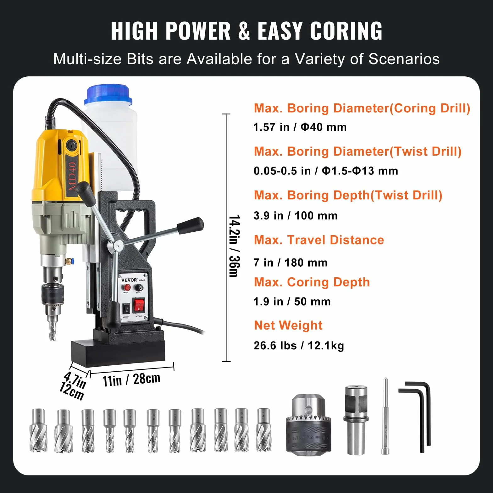 VEVOR Trapano Magnetico Elettrico 1100W 12000N Carotatrice Magnetica 12 Punte Foratura 40 mm Profondità 150 mm