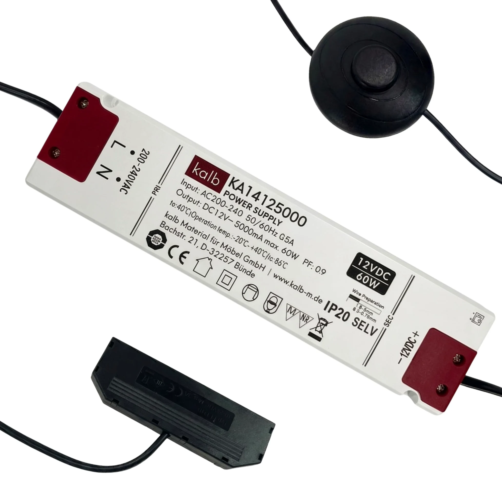 kalb | Trasformatore LED 12V 15W 30W 60W con interruttore a pedale, alimentatore con distributore 6/10 uscite, sistema Mini LED (60, Watt, 12)