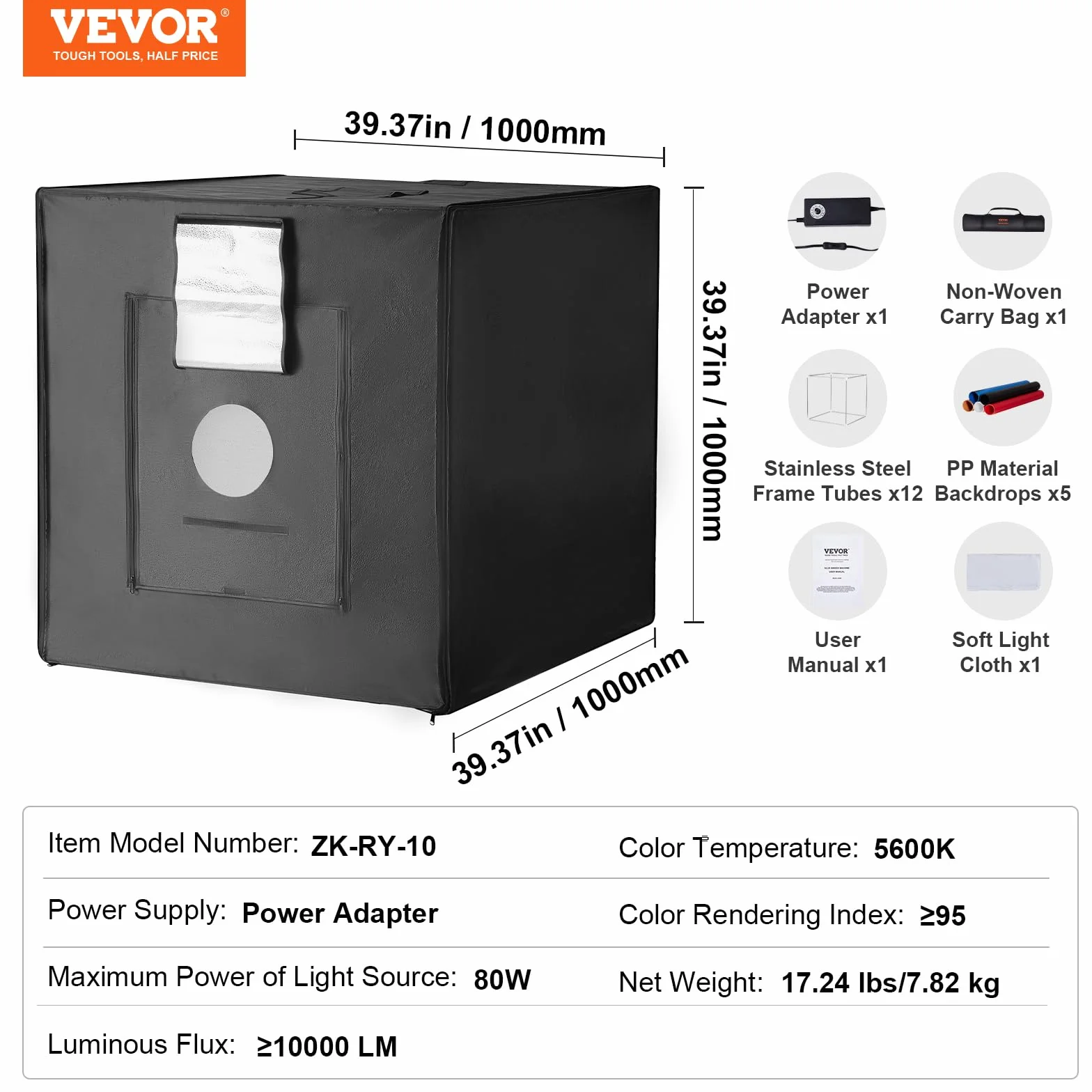 VEVOR Box Fotografico per Studio Scatola Luminosa 100x100 cm, Kit Light Box 5600K, 210 Luci LED 5 Fondali, Scatola Luminosa Fotografica da Studio CRI ≥95, Tenda Luminosa per Studio Fotografico