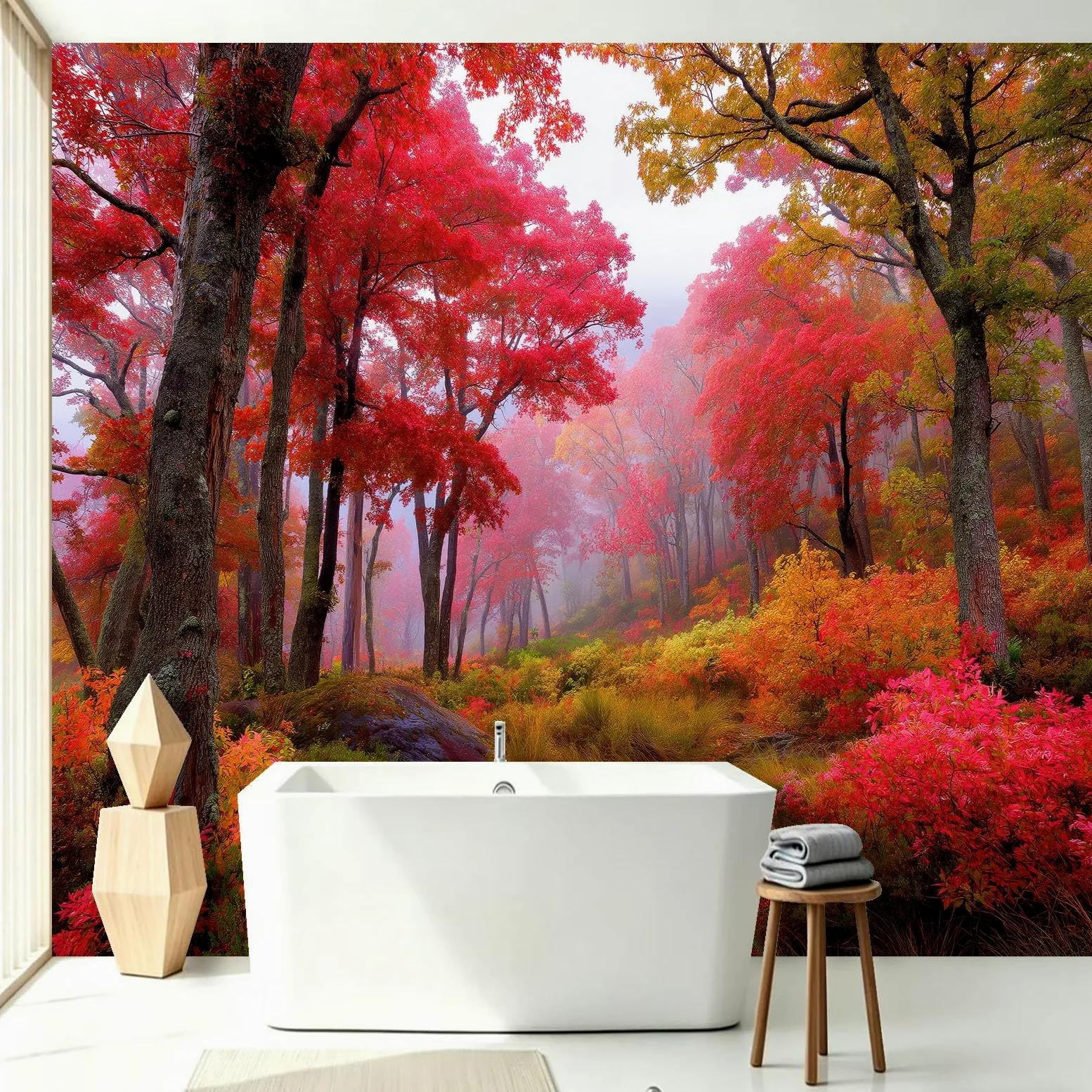 Carta da parati murale con paesaggio autunnale, motivo botanico scandinavo, 300 x 210 cm, con alberi e foglie rosse e nebbia, adesivo da parete per camera da letto, soggiorno, corridoio, divano